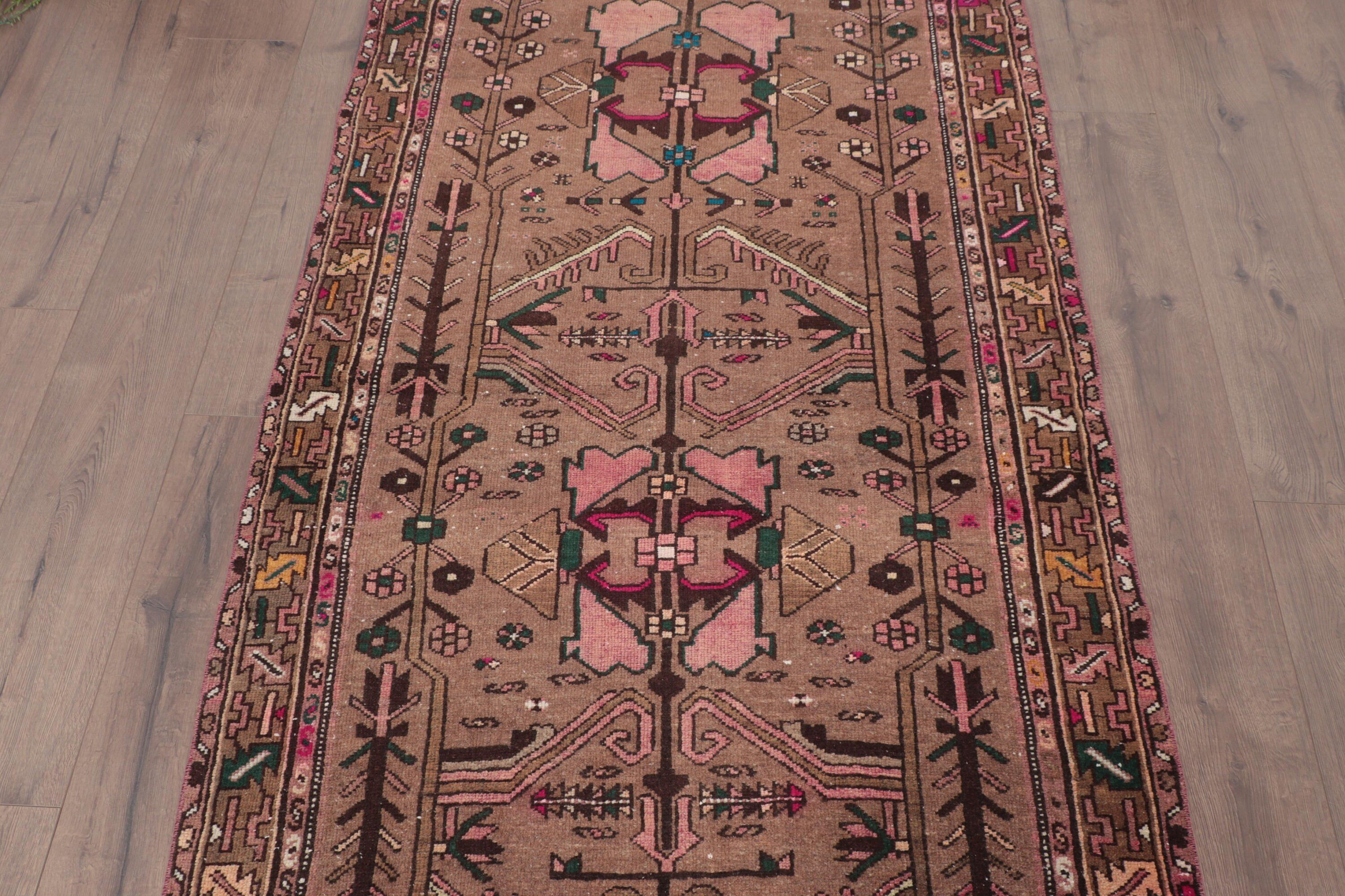 Geometric Rug, Floor Rugs, Bohemian Rug, Turkish Rugs, 3.4x10.3 ft Runner Rug, Brown Handwoven Rug, Stair Rug, Corridor Rug, Vintage Rugs