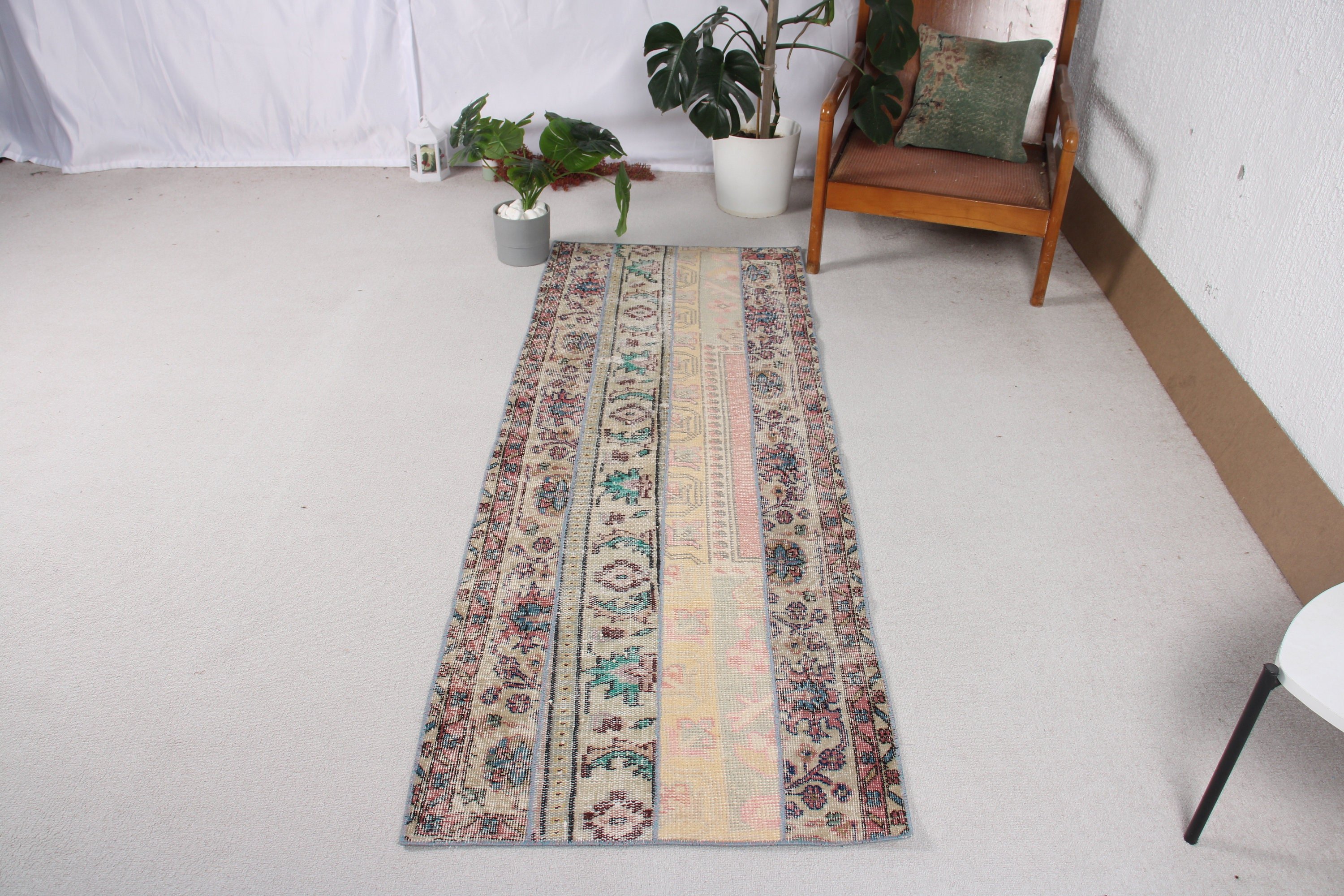 2.4x6.8 ft Runner Halı, Ofis Halısı, Oushak Halıları, Türk Halısı, Vintage Runner Halısı, Bej Bildirim Halısı, Vintage Halı, Koridor Halısı, Lüks Halı