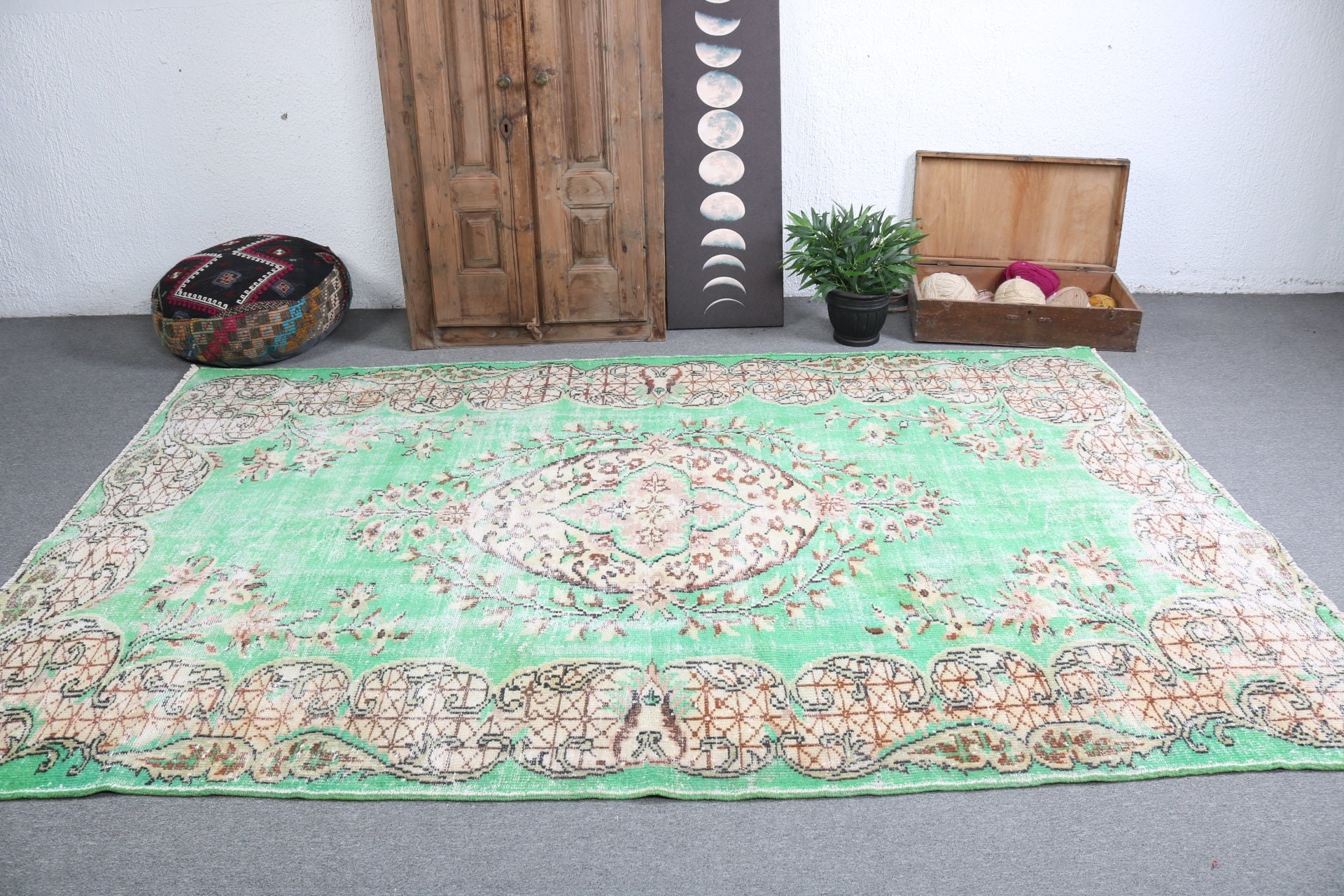 Vintage Halılar, Nötr Halılar, Oturma Odası Halıları, Büyük Vintage Halılar, Türk Halıları, Antika Halılar, 6.4x9.6 ft Büyük Halılar, Yeşil İfade Halıları