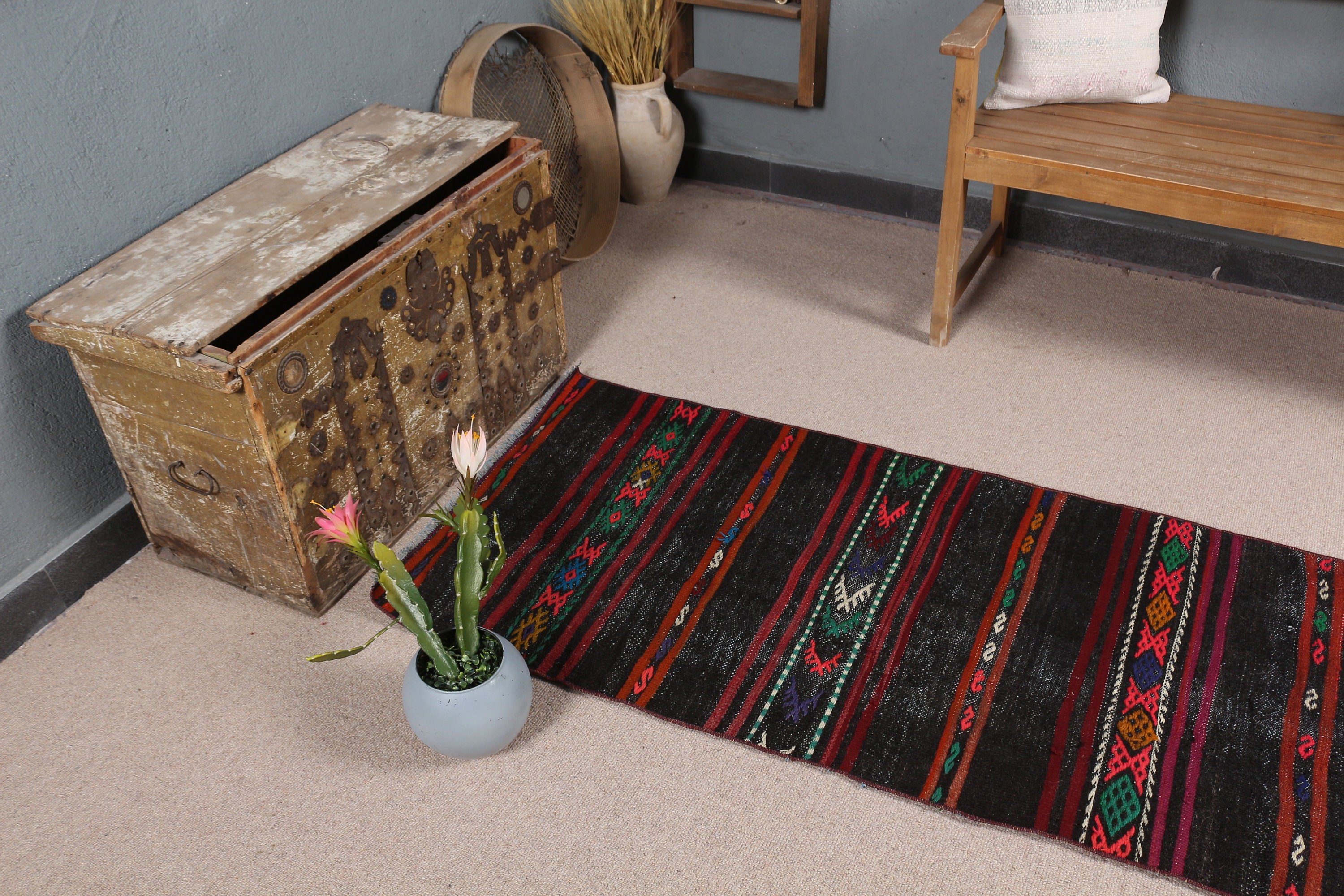 Araba Paspası Halıları, Vintage Halı, Mutfak Halısı, 2.3x5.4 ft Küçük Halı, Siyah Antika Halı, Kilim, Çocuk Halıları, Türk Halıları