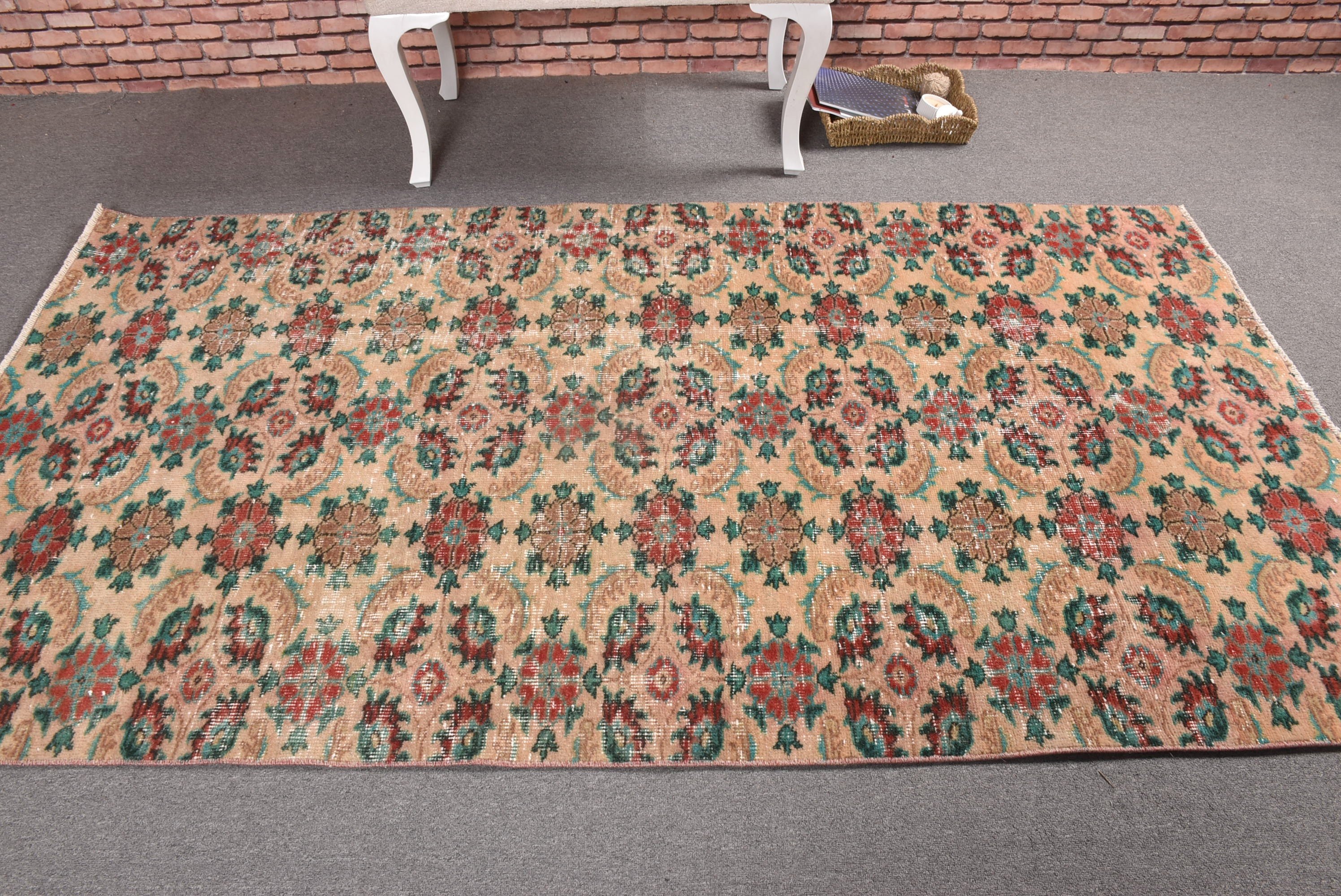 4.2x7.6 ft Area Rugs, Kitchen Rugs, Rugs for Bedroom, Vintage Rug, Cool Rugs, Beige Geometric Rug, Turkish Rug, Indoor Rugs, Wool Rugs