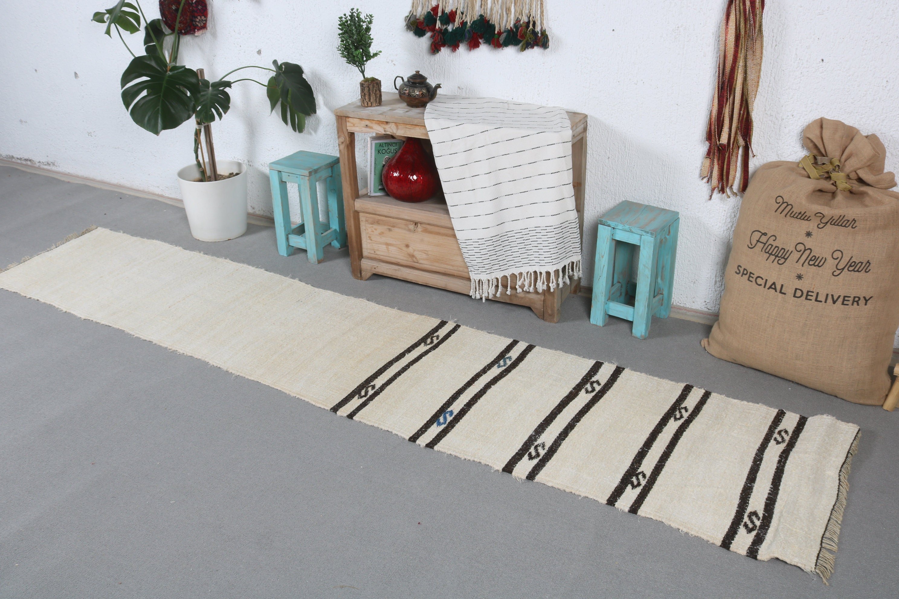 Rugs for Stair, White Wool Rug, Aztec Rugs, Bedroom Rugs, Vintage Rugs, Turkish Rug, Corridor Rug, 1.8x9.5 ft Runner Rug