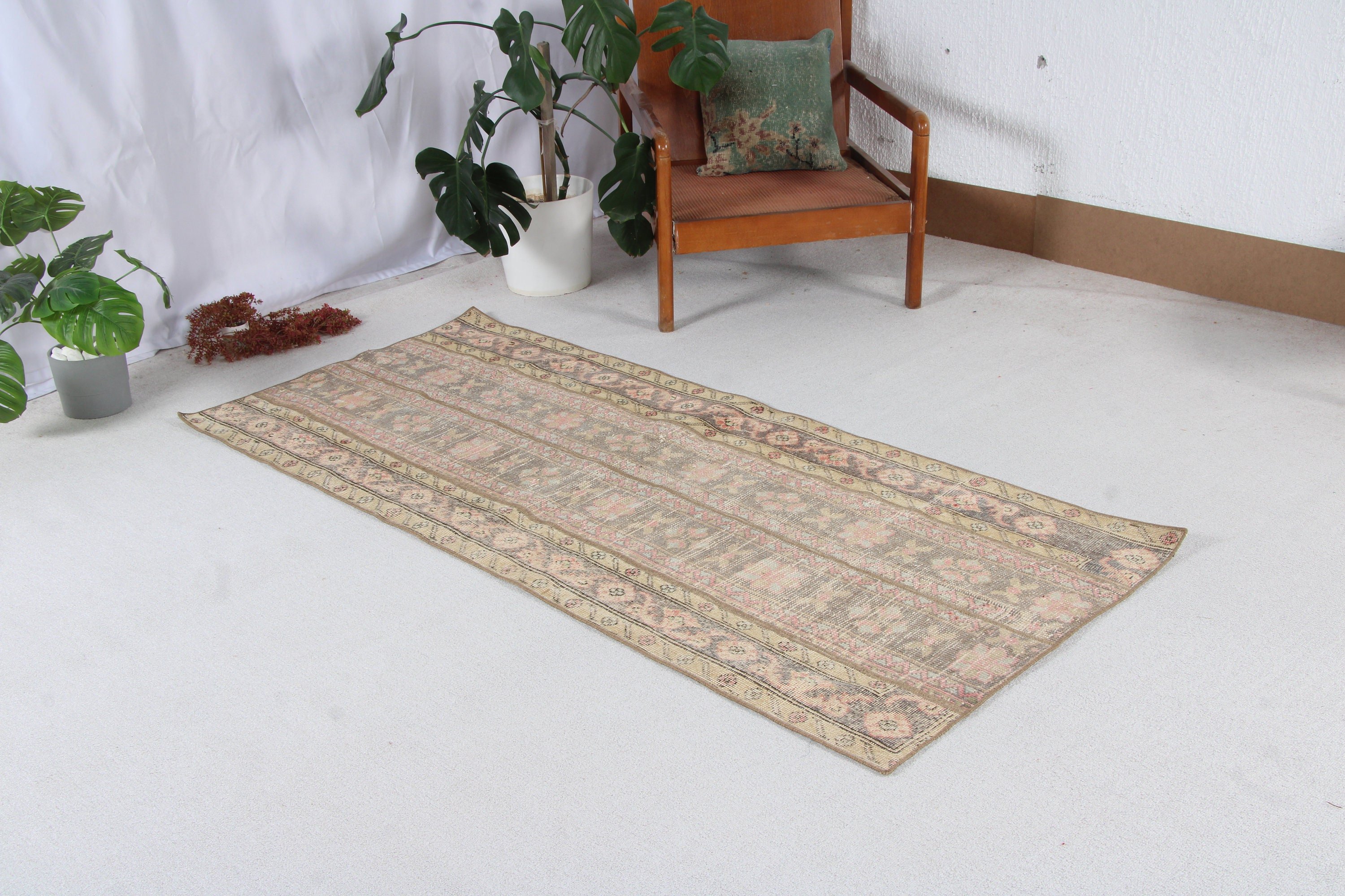 Türk Halıları, Giriş Halıları, Nötr Halılar, Vintage Halılar, 2,9x6,6 ft Accent Halı, Kahverengi Düz Dokuma Halı, Dekoratif Halılar, Oushak Halıları