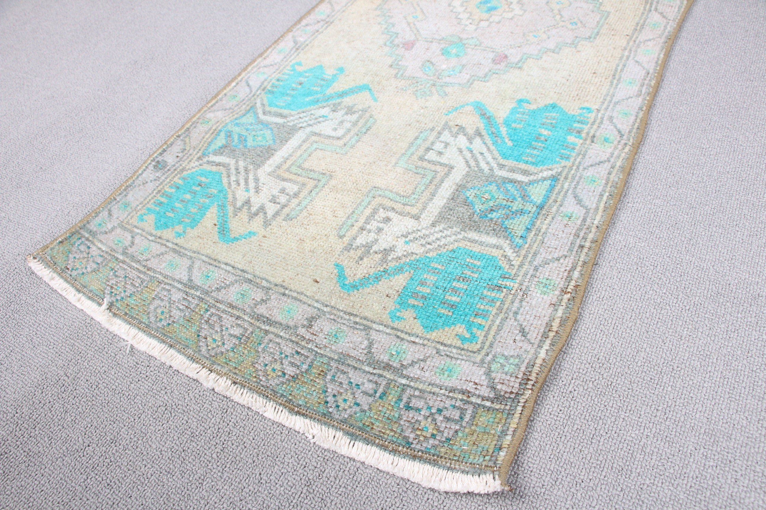 1.4x3.6 ft Small Rug, Bedroom Rugs, Green Oriental Rug, Door Mat Rug, Vintage Rug, Oriental Rug, Muted Rugs, Turkish Rug, Anatolian Rugs