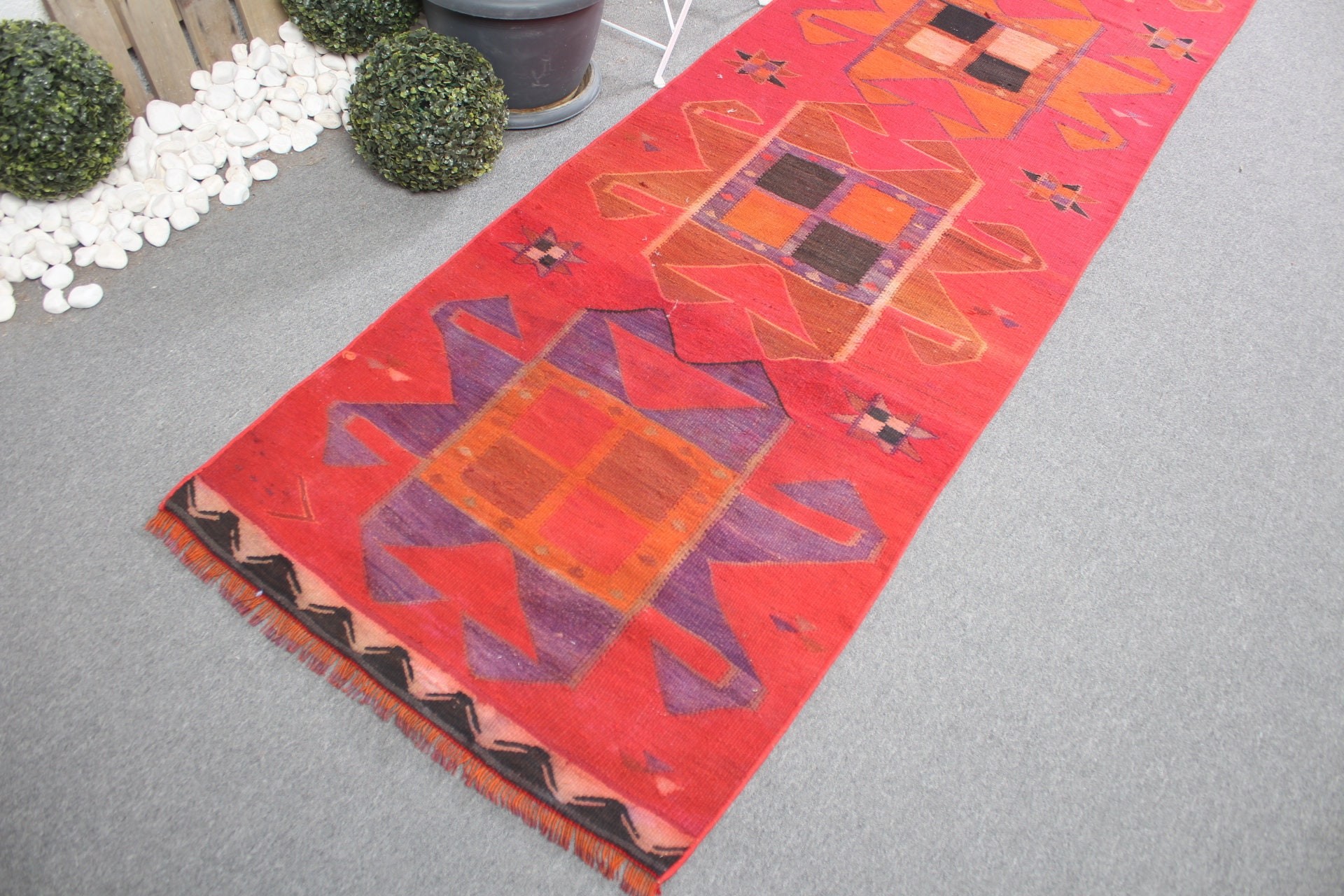 Koridor Halısı, Vintage Halı, Türk Halısı, Düz Dokuma Halısı, Kırmızı Ev Dekor Halısı, 2.8x12.6 ft Runner Halıları, Anadolu Halısı, Mutfak Halıları, Yün Halısı