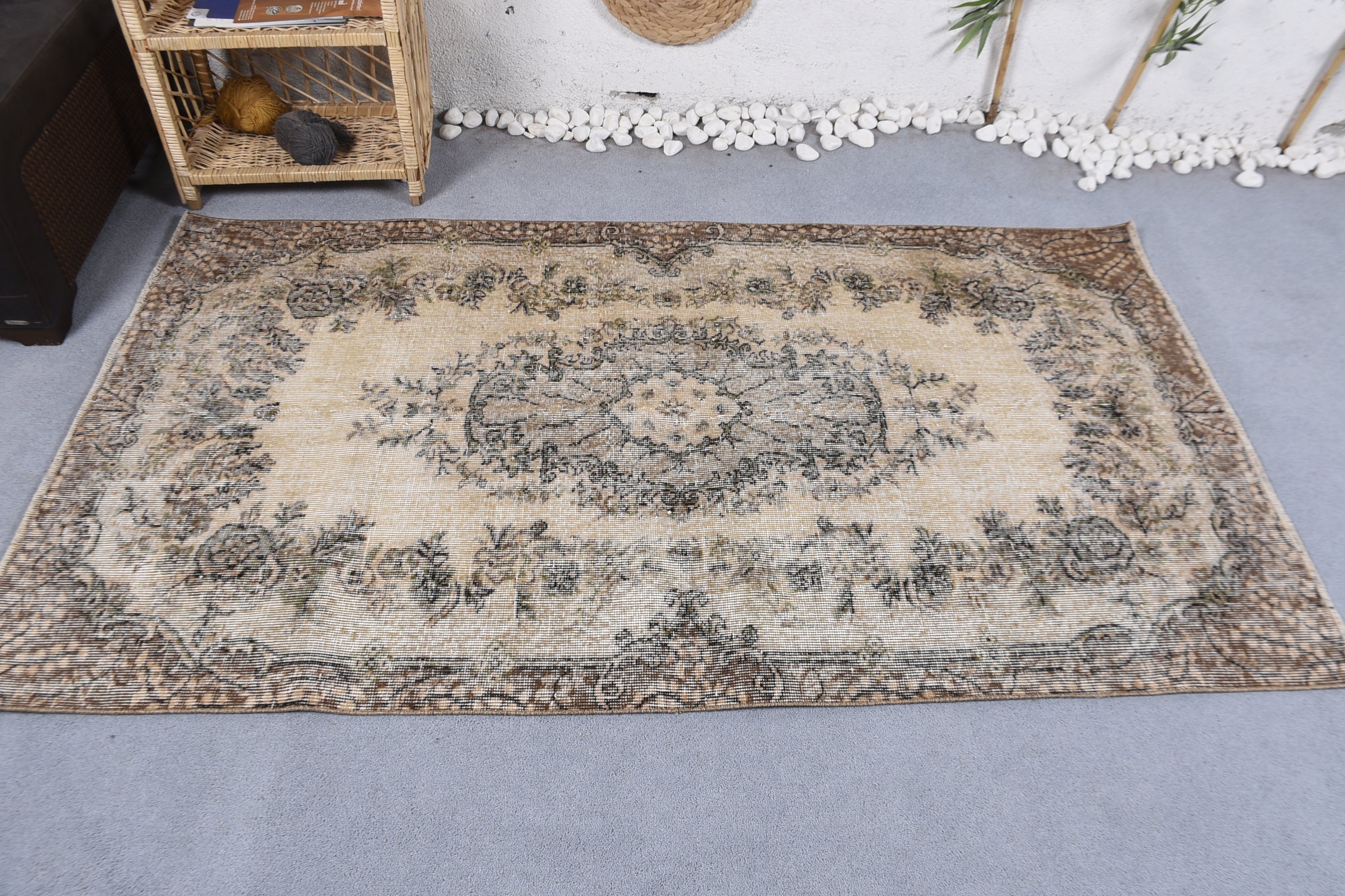 Oryantal Halı, Oturma Odası Halısı, Vintage Halı, Türk Halısı, Bej Ev Dekor Halısı, 3.7x6.6 ft Alan Halısı, Eski Halı, Yemek Odası Halısı