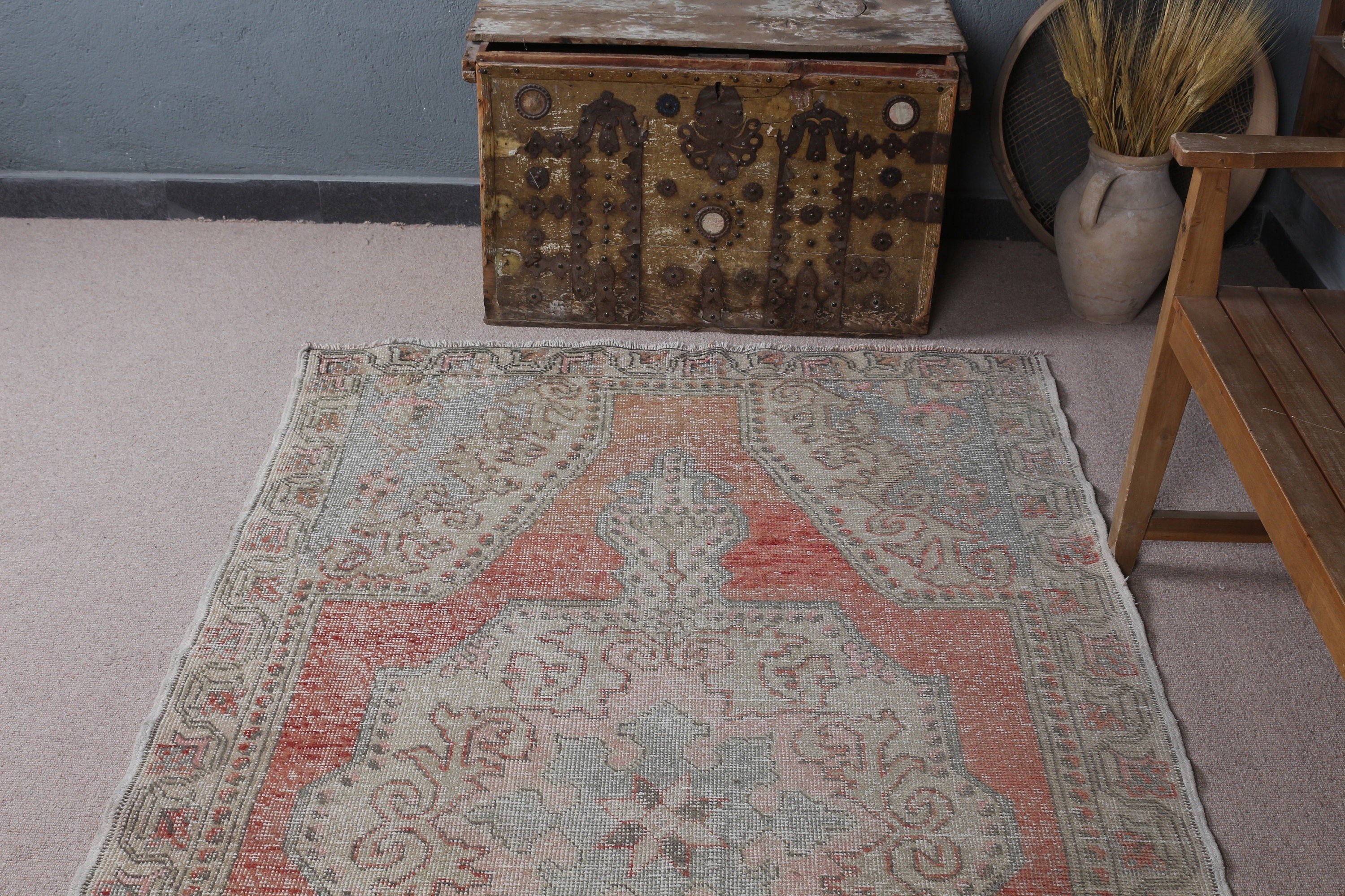 Vintage Rug, Orange Floor Rug, Moroccan Rug, Rugs for Dining Room, Ethnic Rug, 4.2x7.7 ft Area Rug, Turkish Rug, Anatolian Rug, Kitchen Rug