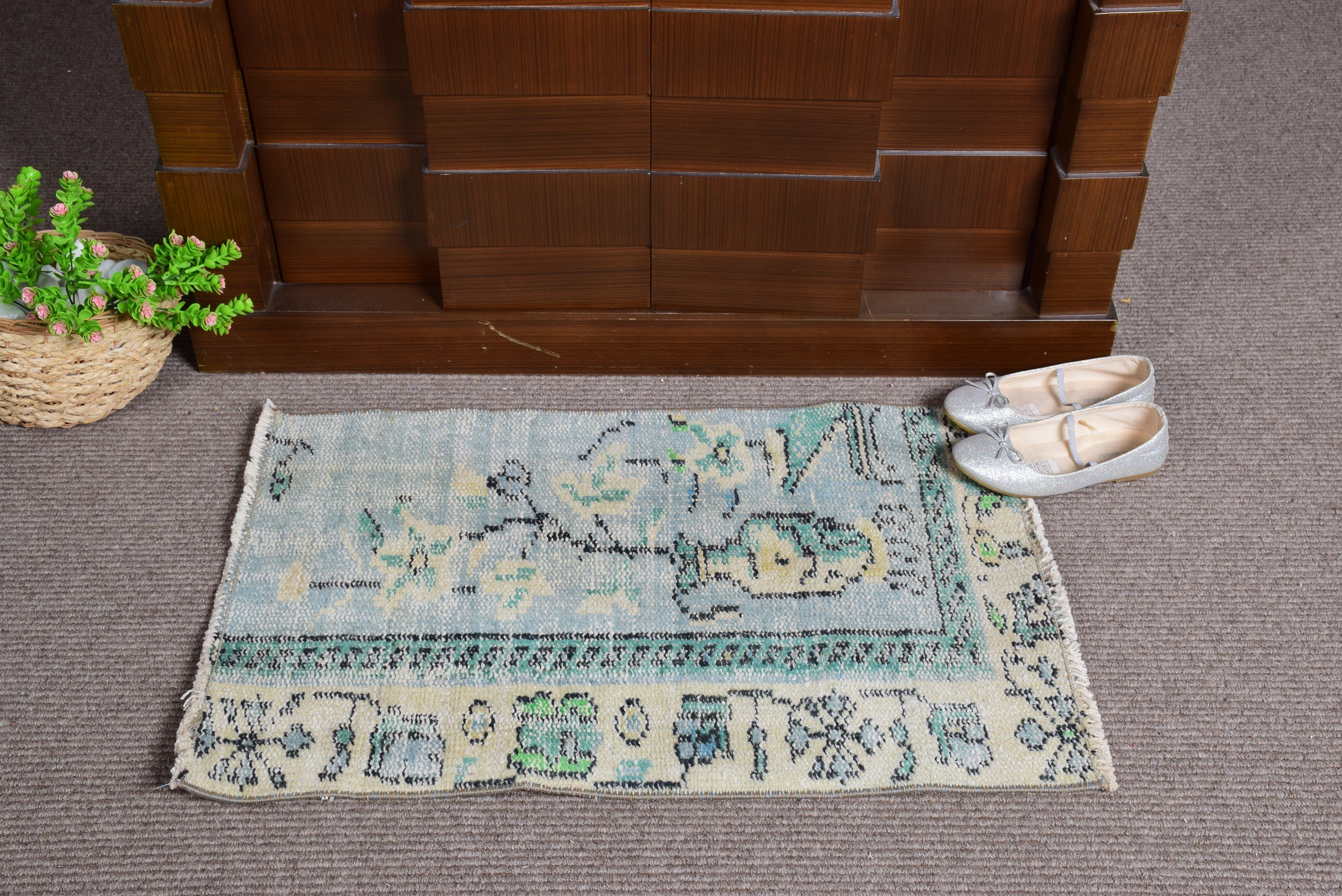 Car Mat Rug, Vintage Rugs, Oushak Rug, Moroccan Rug, Green Antique Rugs, Rugs for Nursery, Entry Rugs, Turkish Rugs, 1.6x2.6 ft Small Rugs