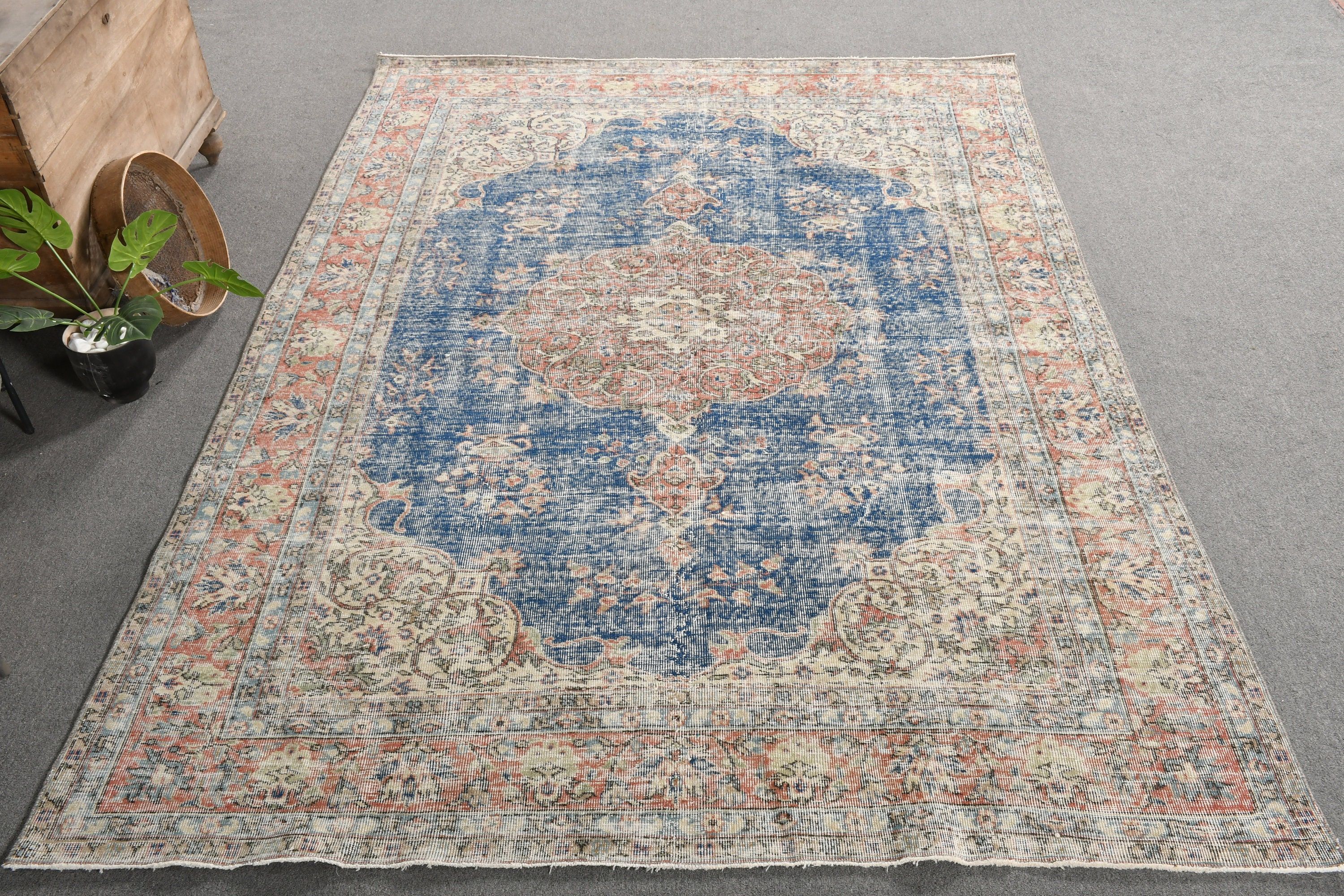 Oushak Halı, Sanat Halısı, Türk Halısı, Oturma Odası Halısı, Vintage Halı, Anadolu Halıları, 6.8x9.4 ft Büyük Halı, Yemek Odası Halısı, Mavi Ev Dekor Halıları