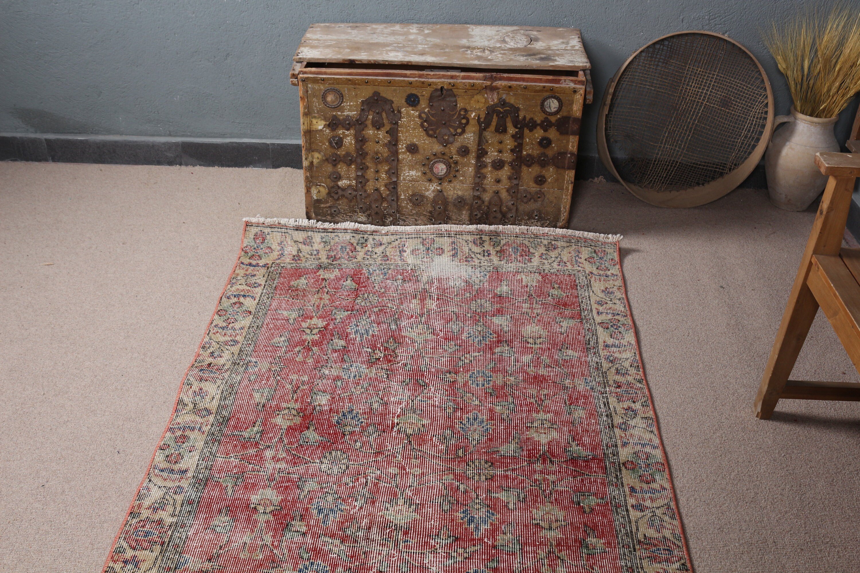 Red Home Decor Rugs, Vintage Rug, Kitchen Rug, 3.6x6.6 ft Accent Rugs, Nursery Rugs, Oriental Rug, Wool Rugs, Abstract Rug, Turkish Rug