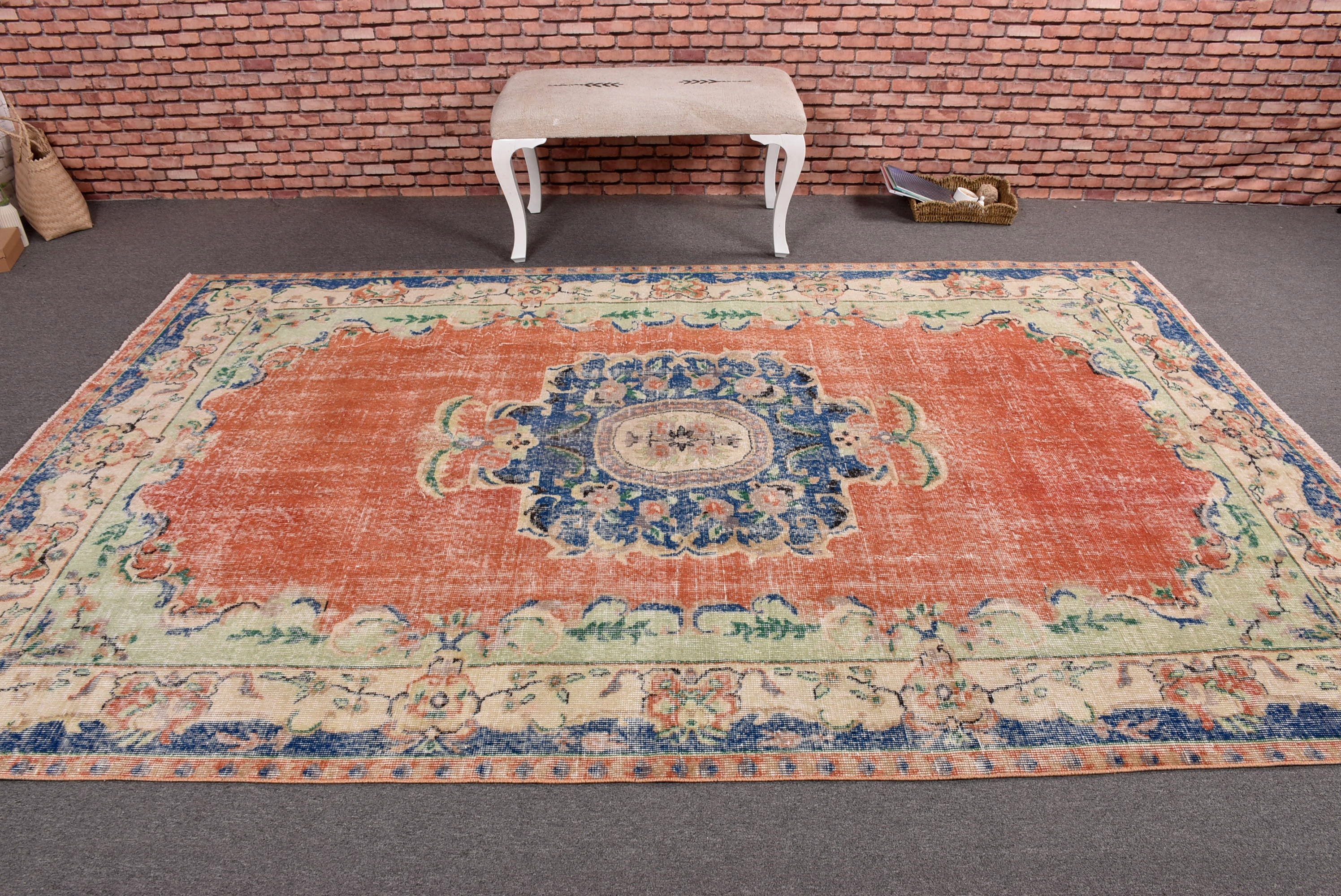 Orange Wool Rug, Large Vintage Rugs, Turkish Rug, Home Decor Rugs, 6.3x9.9 ft Large Rugs, Antique Rug, Boho Rugs, Vintage Rug, Bedroom Rugs