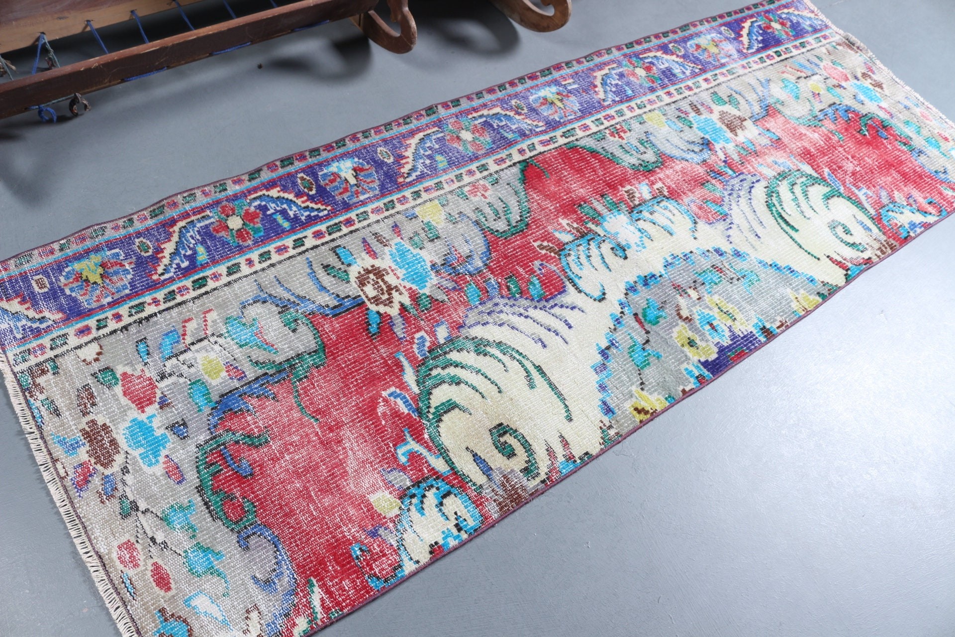 Türk Halıları, Vintage Halı, Kırmızı Yün Halılar, Antika Halılar, Mutfak Halıları, 2.9x7.9 ft Yolluk Halısı, Merdiven Halısı, Koridor Halısı, Fas Halıları