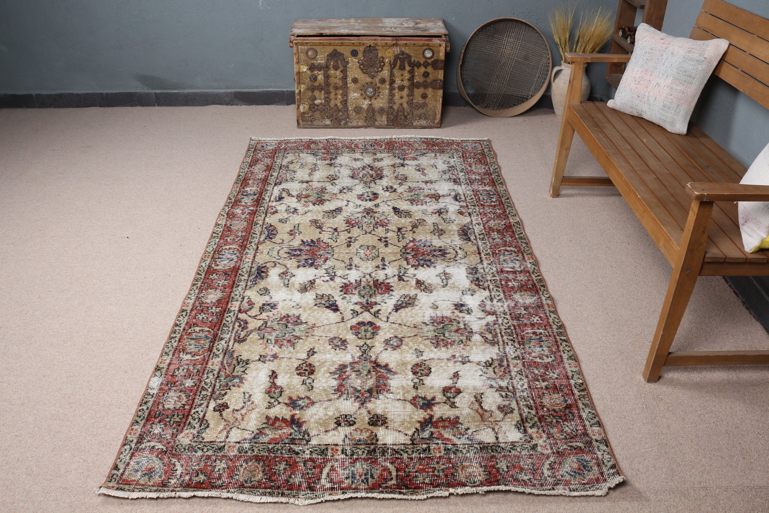 Yurt Halısı, İç Mekan Halıları, Vintage Halı, Bej Zemin Halısı, 4,2x7,3 ft Alan Halısı, Oturma Odası Halısı, Türk Halısı, Oushak Halısı