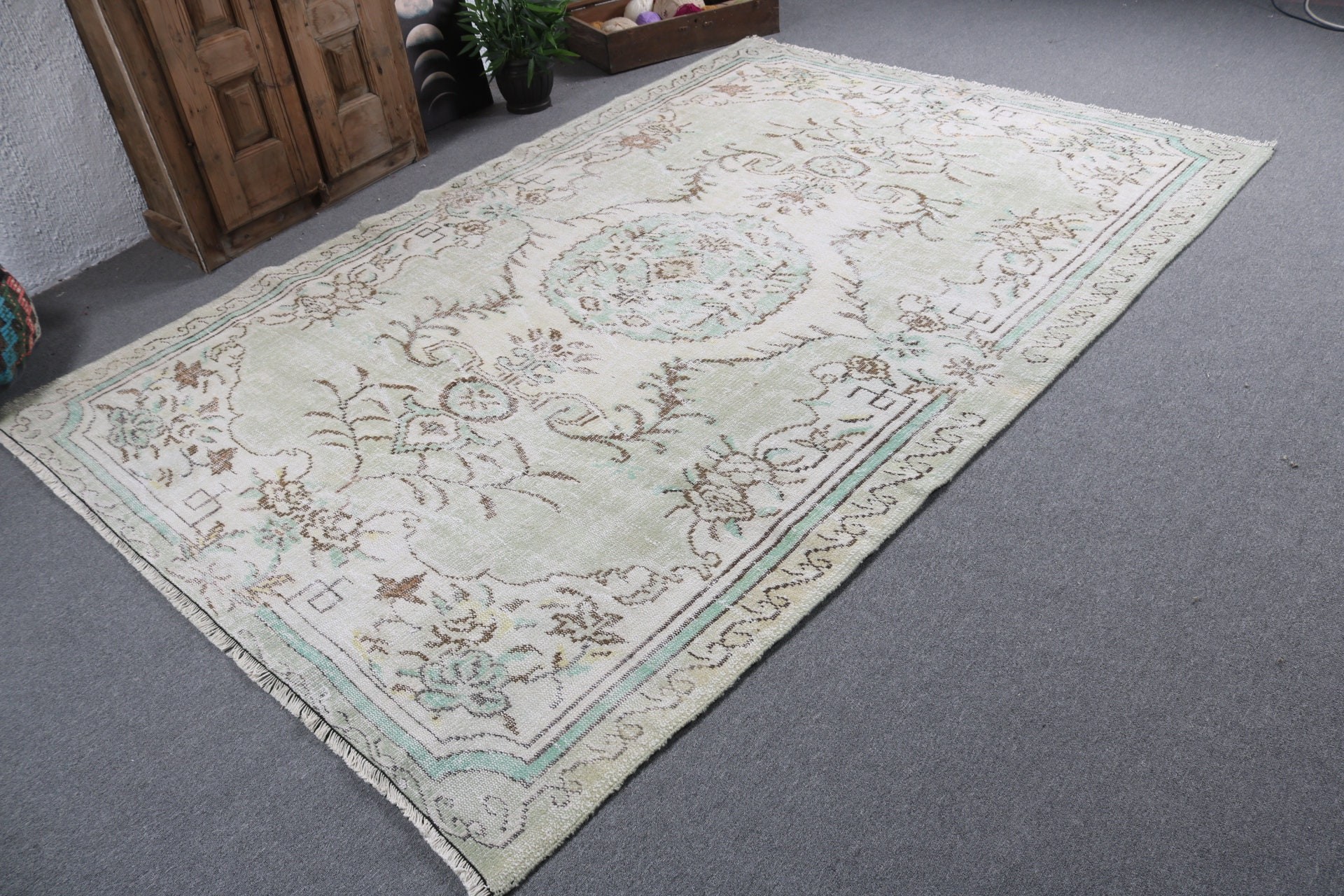 Yeşil Lüks Halılar, Vintage Halılar, Lüks Halı, Türk Halıları, Yatak Odası Halısı, Oturma Odası Halıları, Geometrik Halılar, 6.3x9.6 ft Büyük Halılar, Aztek Halısı