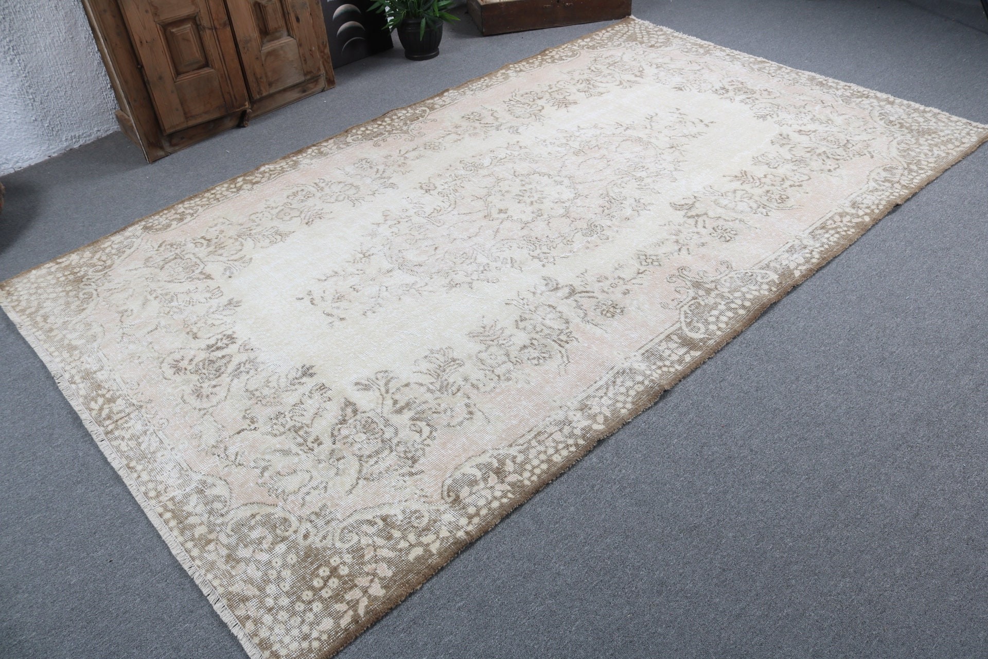 Türk Halısı, Bej El Dokuma Halı, Büyük Oushak Halı, 5.7x9.5 ft Büyük Halı, Oushak Halı, Büyük Vintage Halı, Vintage Halılar, Fas Halıları