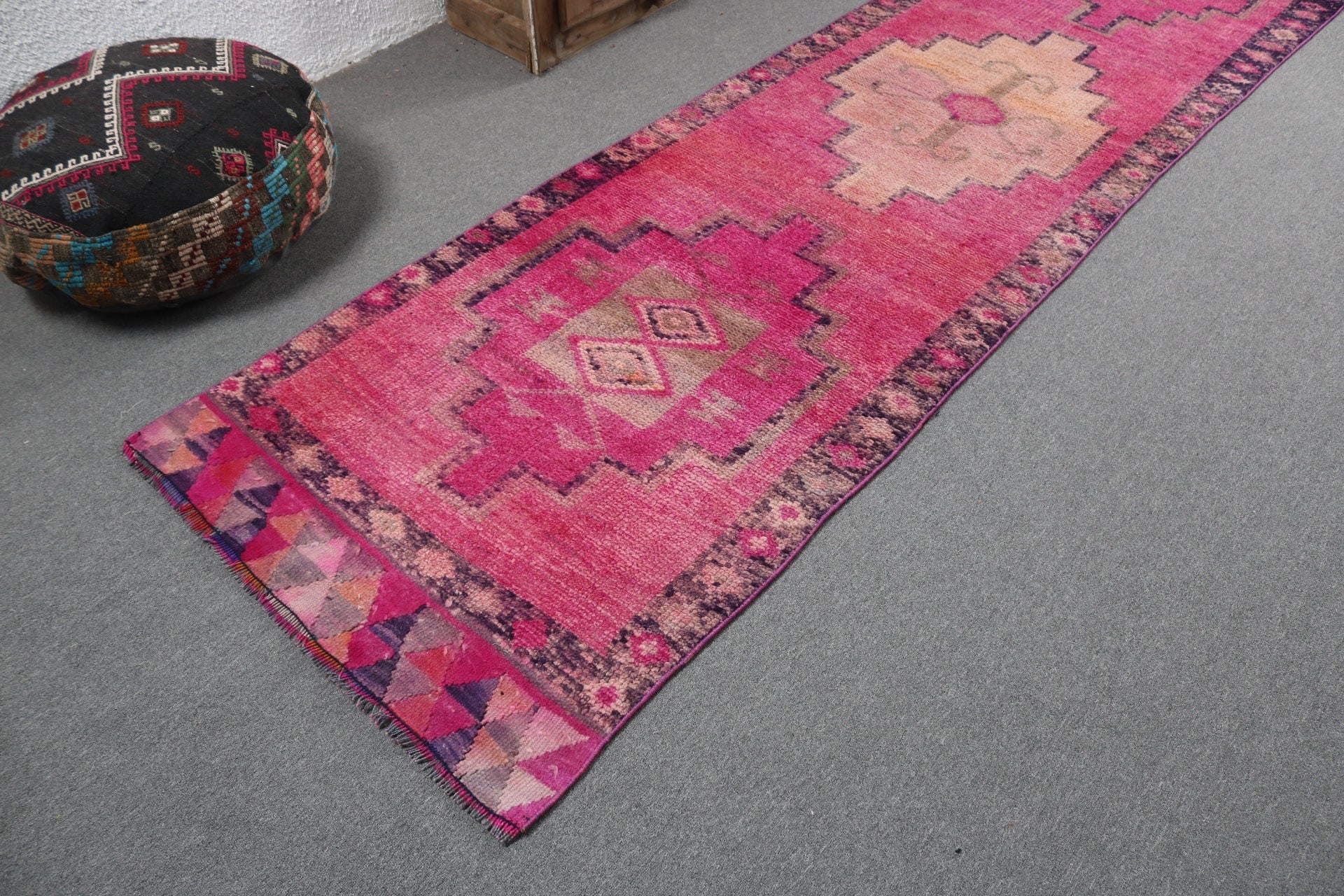 Vintage Rug, Decorative Rugs, 3.2x12.7 ft Runner Rug, Rugs for Stair, Turkish Rugs, Pink Statement Rug, Anatolian Rug, Stair Rug, Wool Rug