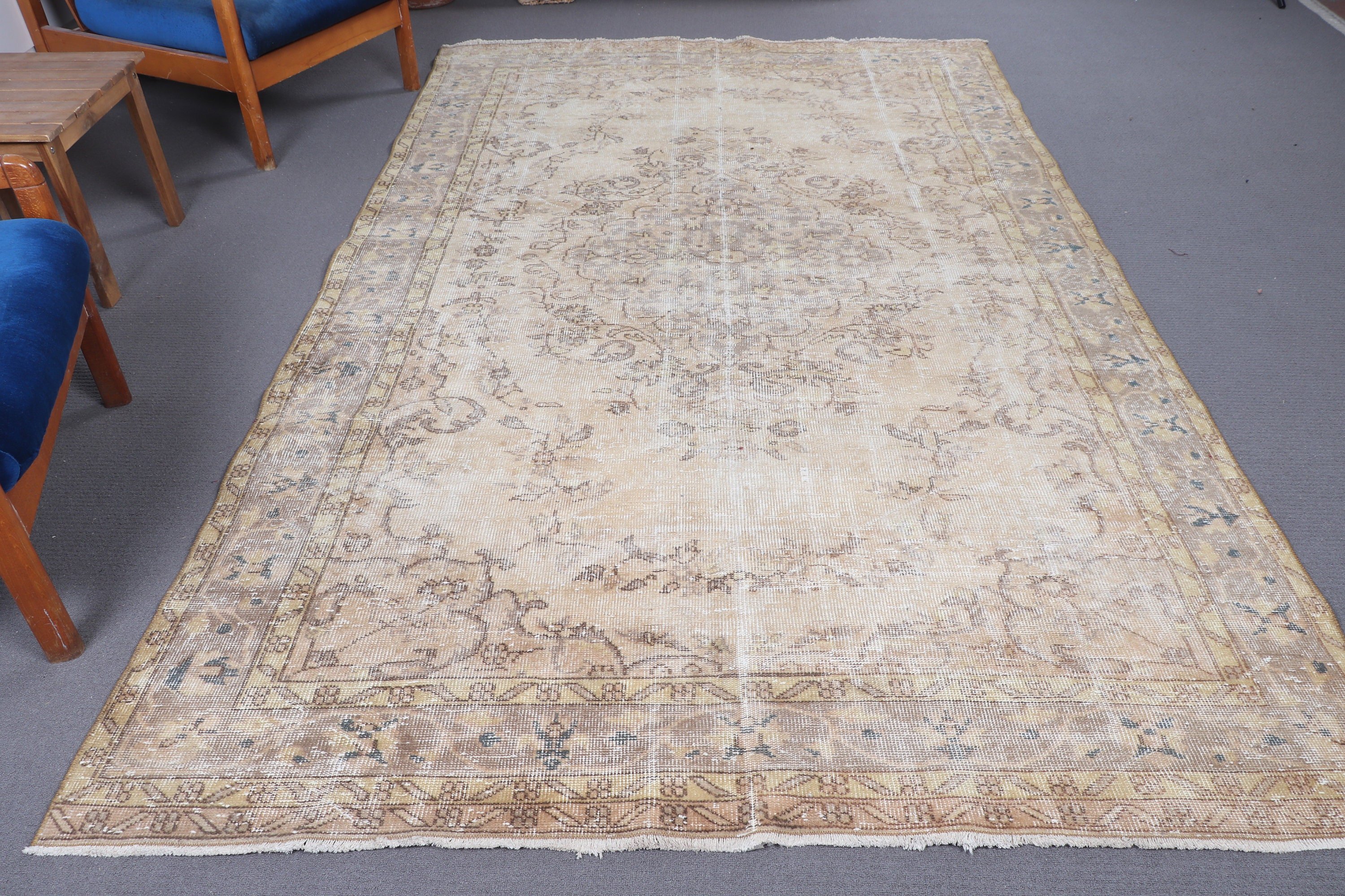 Nötr Halılar, Sarı Mutfak Halısı, Büyük Oushak Halıları, Vintage Halı, Türk Halıları, Anadolu Halıları, 5.9x9.5 ft Büyük Halı, Oturma Odası Halısı