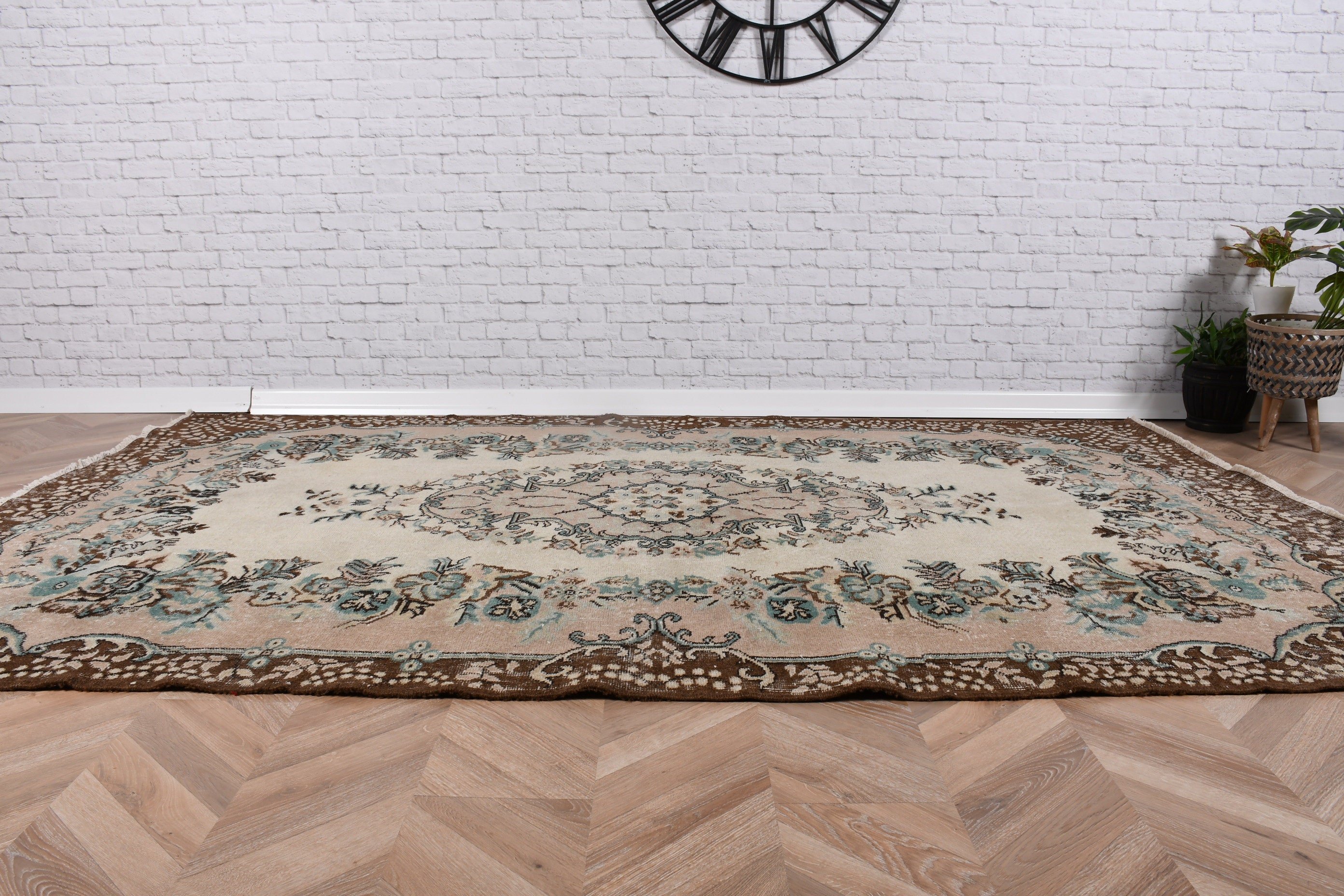 5.7x9.1 ft Büyük Halı, Bej Boho Halıları, El Dokuma Halısı, Ofis Halıları, Türk Halısı, Vintage Halı, Yer Halıları, Büyük Oushak Halıları, Yemek Odası Halısı