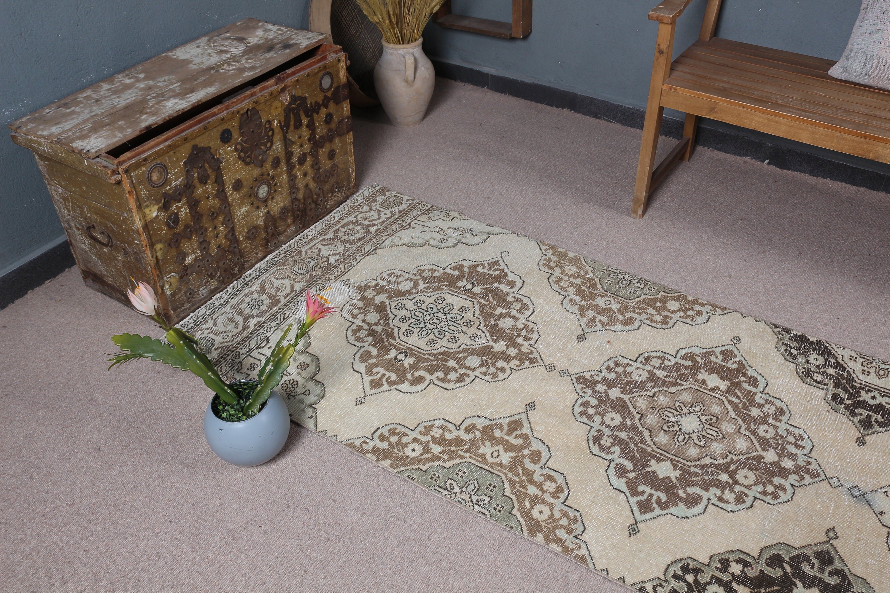 Oriental Rug, Hallway Rug, Turkish Rug, Rugs for Corridor, 3x12.7 ft Runner Rug, Beige Anatolian Rug, Vintage Rug, Stair Rug