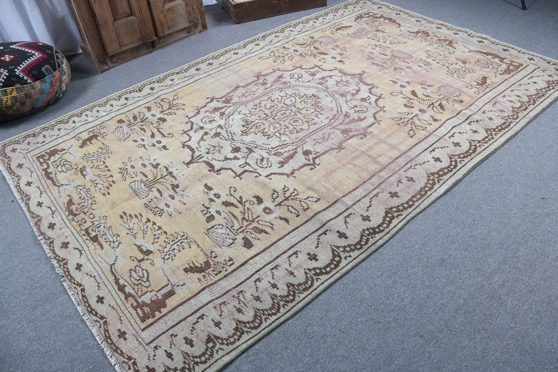 6.1x9.3 ft Büyük Halı, Vintage Halılar, Yemek Odası Halıları, Modern Halılar, Oturma Odası Halısı, Boho Halısı, Sanatsal Halı, Sarı Yün Halı, Türk Halısı