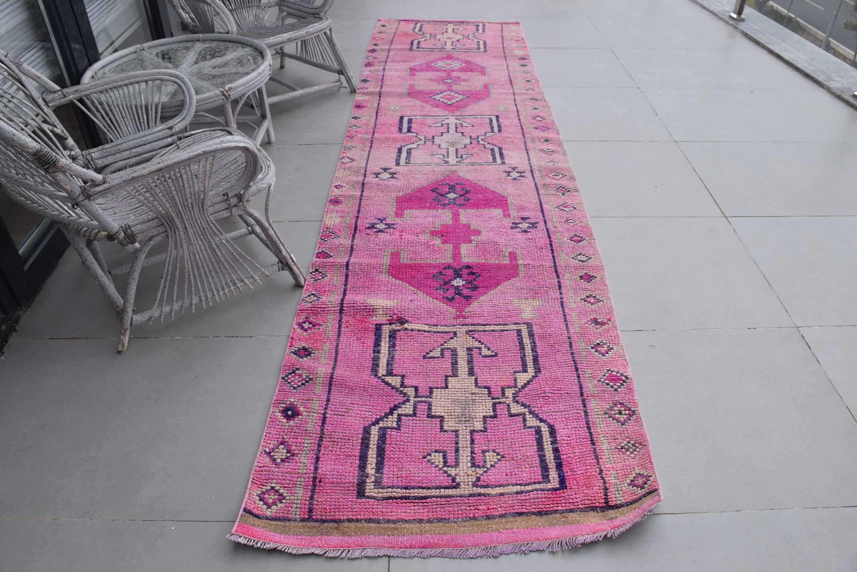 Pink Oriental Rugs, Art Rugs, Floor Rug, Vintage Rugs, Corridor Rugs, Turkish Rugs, Oushak Rug, 3.1x11.8 ft Runner Rug, Kitchen Rug