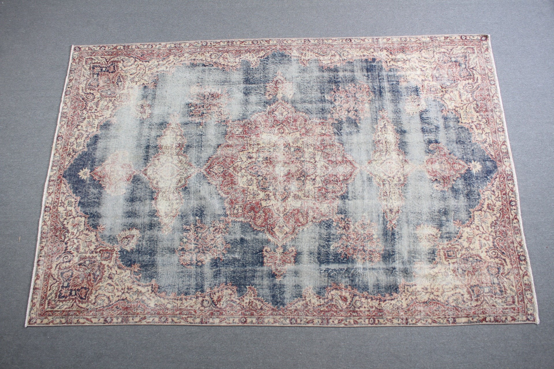 Turkish Rug, Oriental Rugs, Kitchen Rugs, 6.8x10.4 ft Oversize Rug, Dining Room Rug, Living Room Rug, Blue Oushak Rugs, Vintage Rug