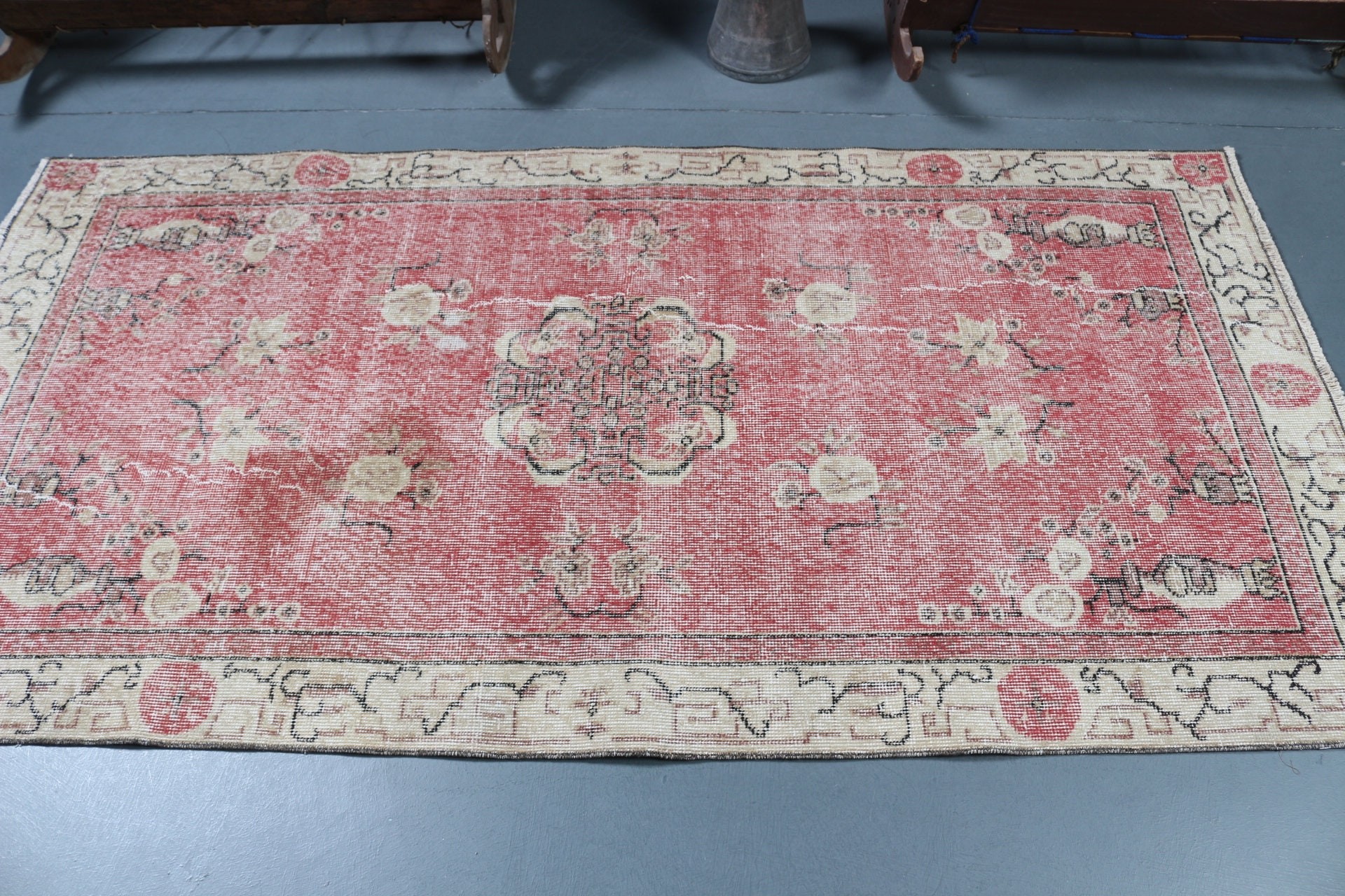 Vintage Halı, Ev Dekorasyonu Halısı, Türk Halıları, İç Mekan Halısı, Havalı Halı, Mutfak Halısı, Mutfak Halıları, 3.6x6.9 ft Alan Halıları, Pembe Oushak Halısı