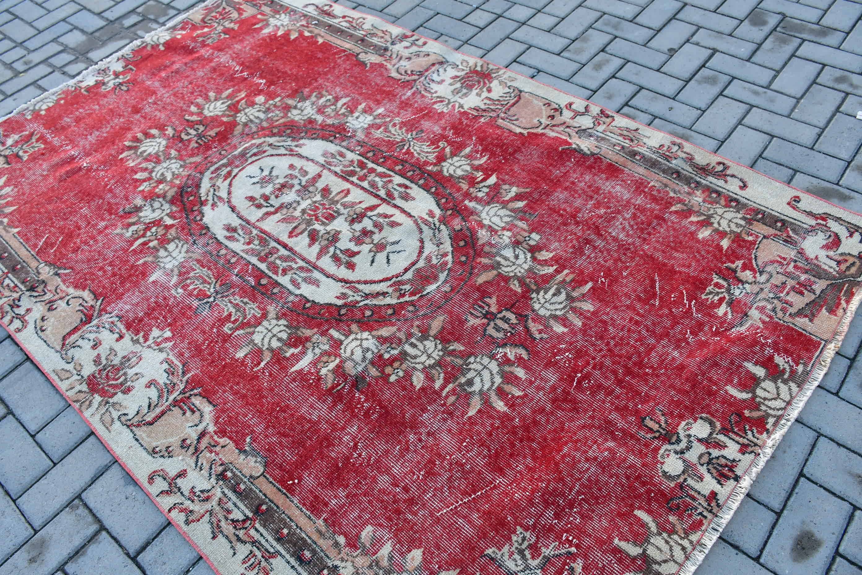 Kırmızı Oryantal Halı, Yatak Odası Halısı, Türk Halısı, Yün Halıları, Yatak Odası Halıları, 5.2x7.9 ft Büyük Halı, Vintage Halılar, Salon Halısı, Fas Halıları