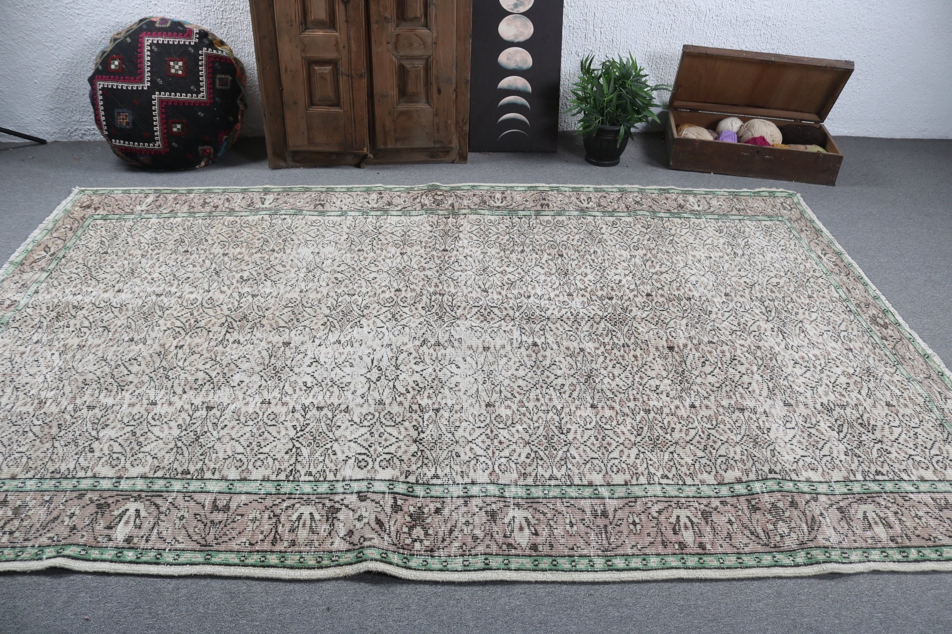 Büyük Vintage Halı, Oushak Halıları, Fas Halıları, Vintage Halı, 6,5x9,7 ft Büyük Halılar, Türk Halıları, Kahverengi Yer Halıları, Büyük Oushak Halısı