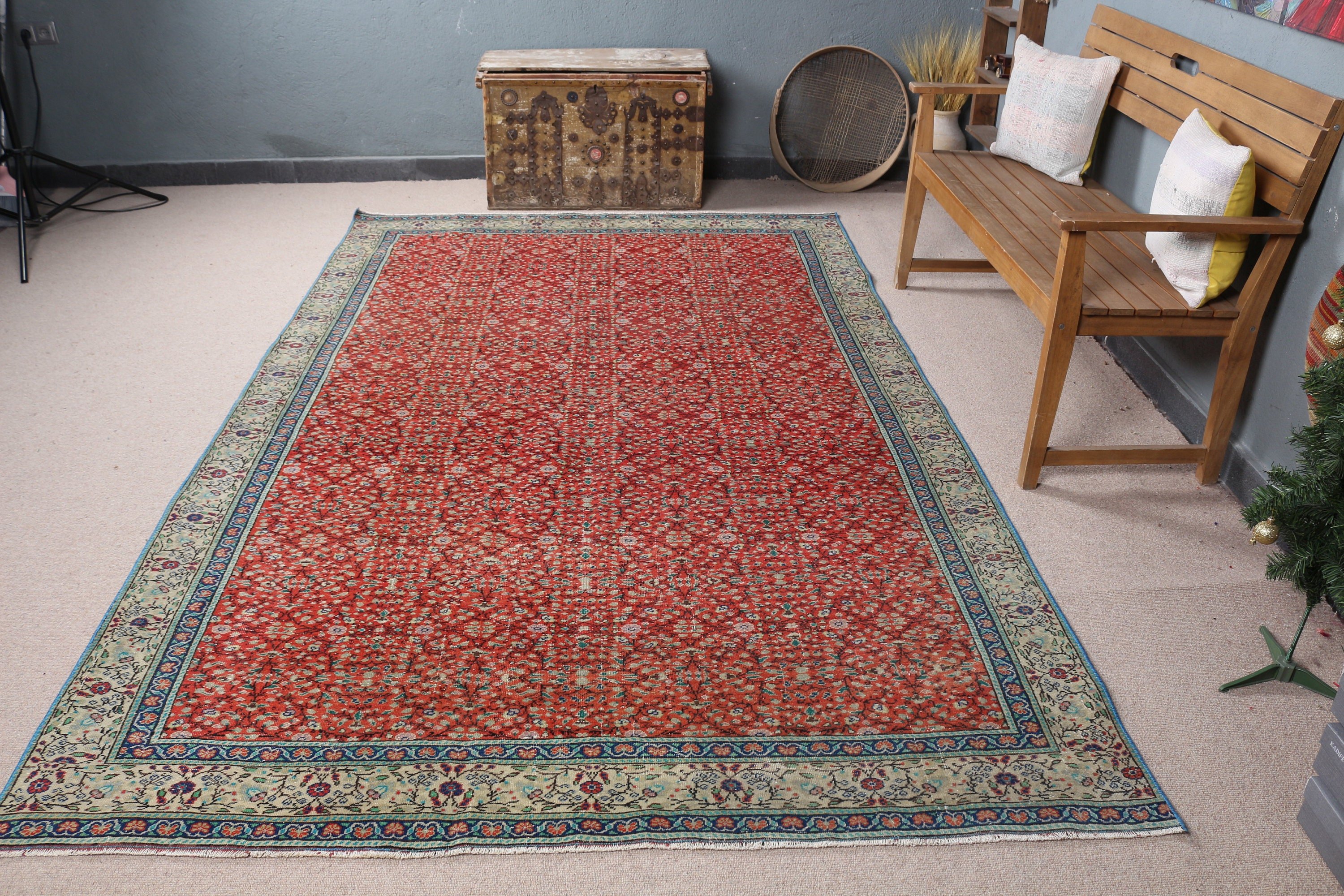 Eski Halı, Ev Dekor Halısı, Yatak Odası Halısı, Salon Halısı, Oturma Odası Halısı, Vintage Halı, 6x9.5 ft Büyük Halı, Türk Halıları, Sessiz Halı, Kırmızı Mutfak Halısı