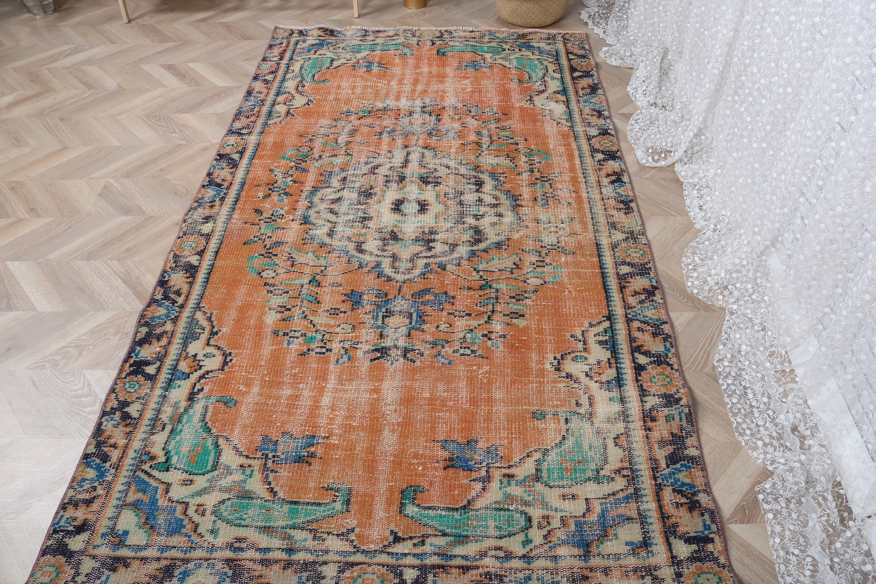 Vintage Halılar, Fas Halıları, Boho Alan Halıları, Turuncu El Dokuma Halı, Geometrik Halı, 4,3x7,6 ft Alan Halıları, Yatak Odası Halısı, Türk Halıları