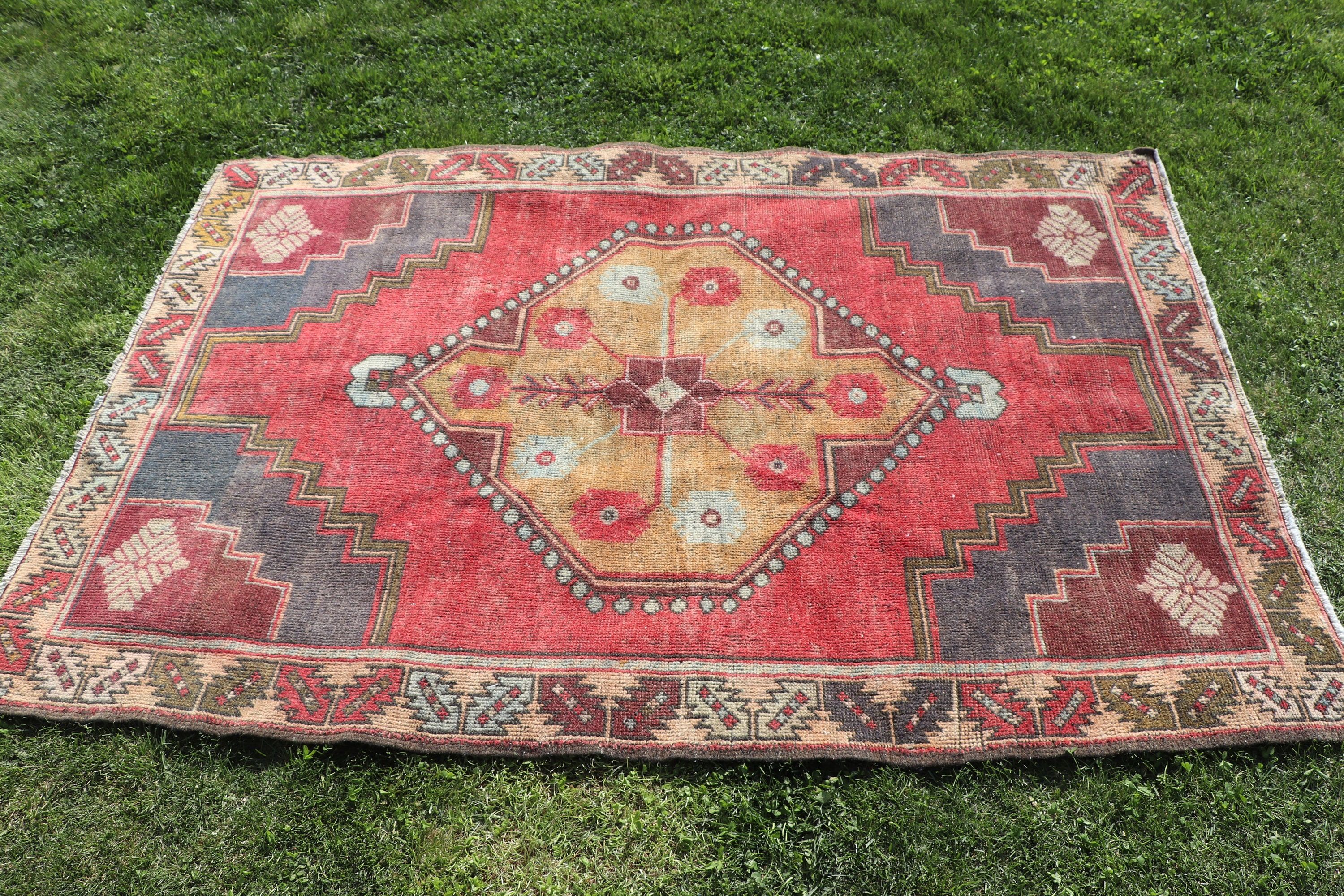 El Dokuma Halılar, 3.8x5.6 ft Accent Halı, Turuncu Yer Halıları, Yatak Odası Halıları, Vintage Halılar, Türk Halısı, Boho Accent Halıları, Yatak Odası Halıları