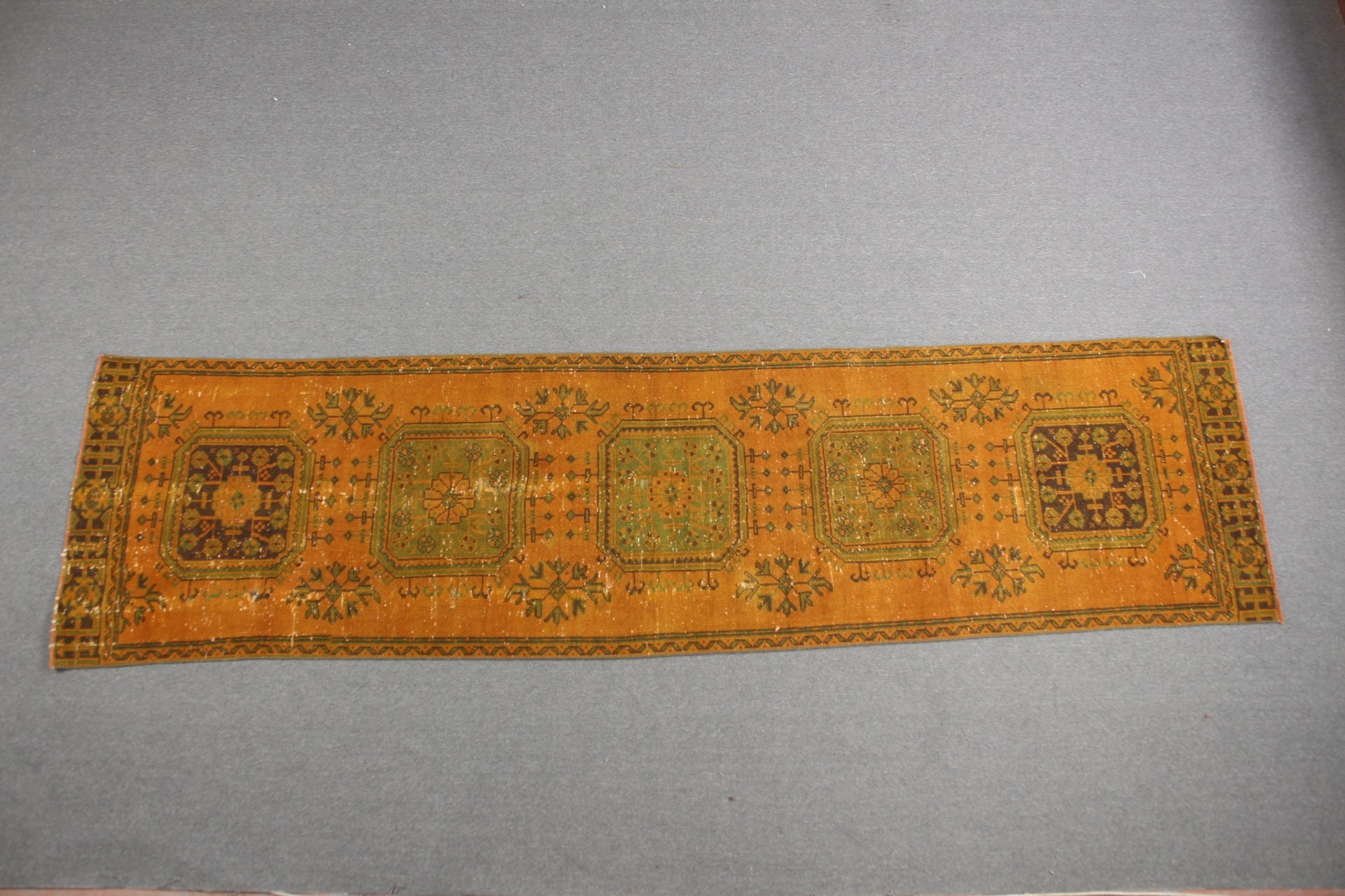 Türk Halıları, Vintage Halı, Turuncu 2.9x11.1 ft Runner Halısı, Aztek Halısı, Koridor Halısı, Merdiven Halıları, Yer Halısı, Ev Dekor Halısı