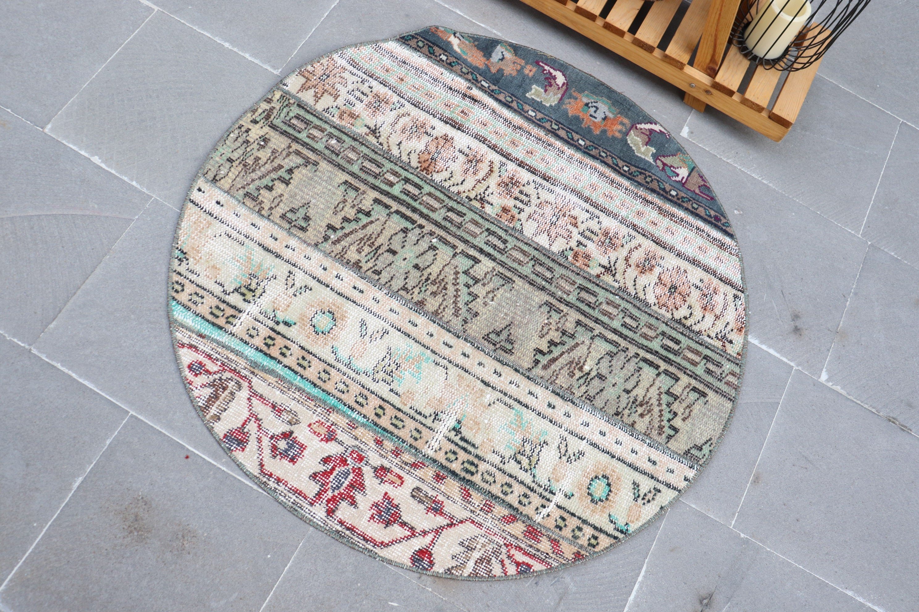 Giriş Halıları, Vintage Halı, Bej Mutfak Halısı, 3,1x3,1 ft Küçük Halı, Türk Halısı, Oushak Halısı, Soğuk Halı, Banyo Halısı, Araba Paspas Halısı