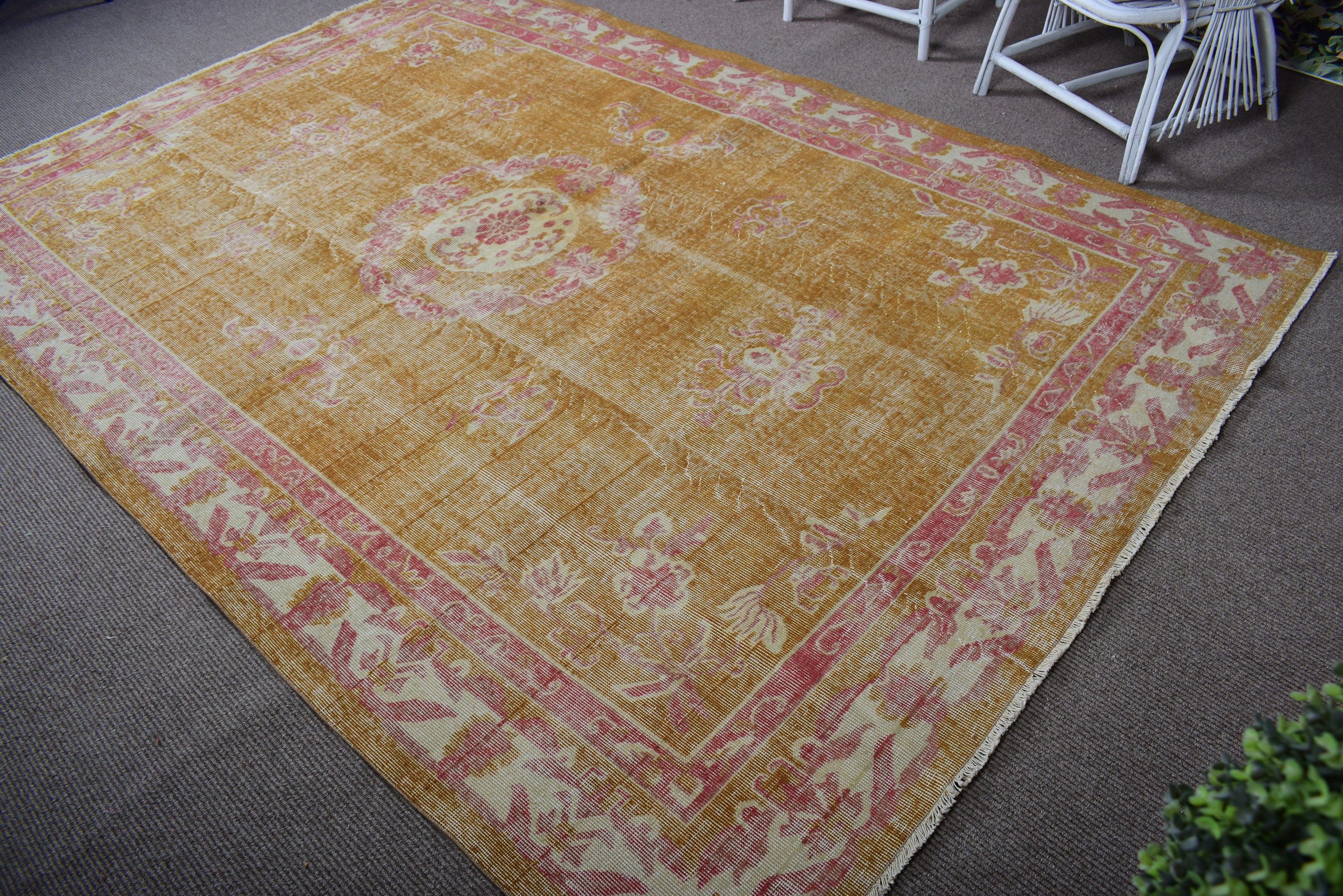 Turkish Rug, Yellow Antique Rug, Modern Rug, Large Oushak Rug, 6.6x9.7 ft Large Rug, Vintage Rug, Anatolian Rugs, Living Room Rugs