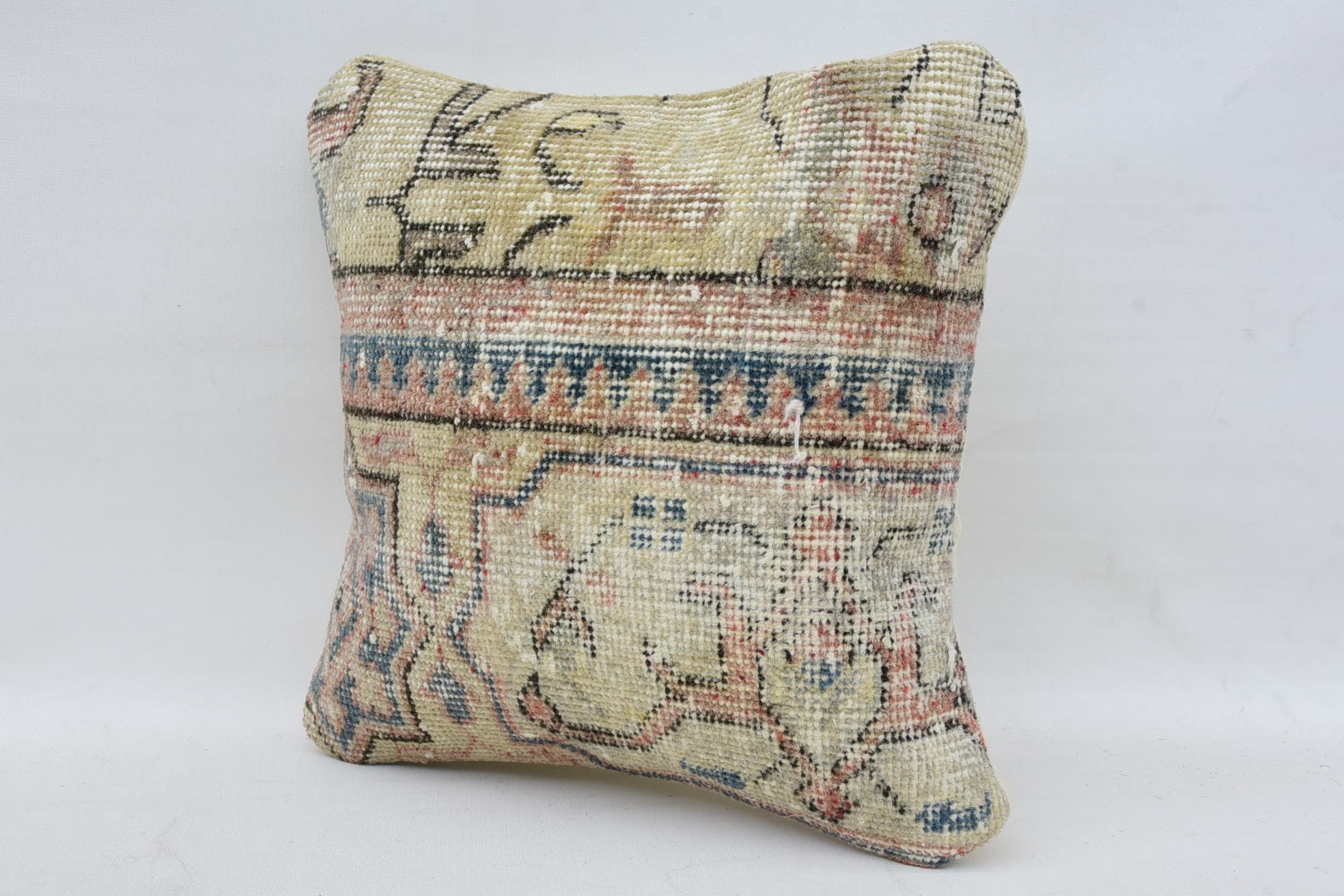 Pillow for Sofa, Turkish Kilim Pillow, 14"x14" Beige Pillow Sham, Nautical Throw Cushion Cover, Cozy Throw Pillow, Vintage Pillow