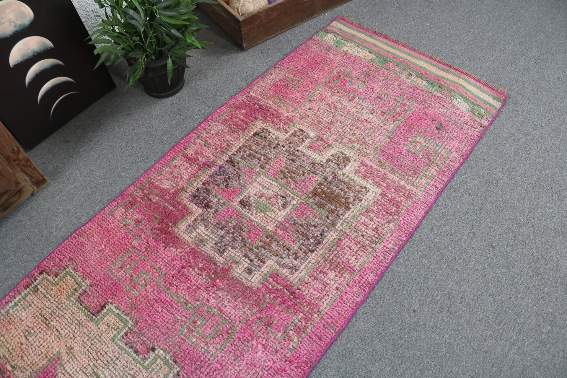 Bedroom Rug, Pink Geometric Rug, Flatweave Rugs, Vintage Runner Rugs, Rugs for Runner, Turkish Rug, Vintage Rugs, 2.5x9.7 ft Runner Rugs