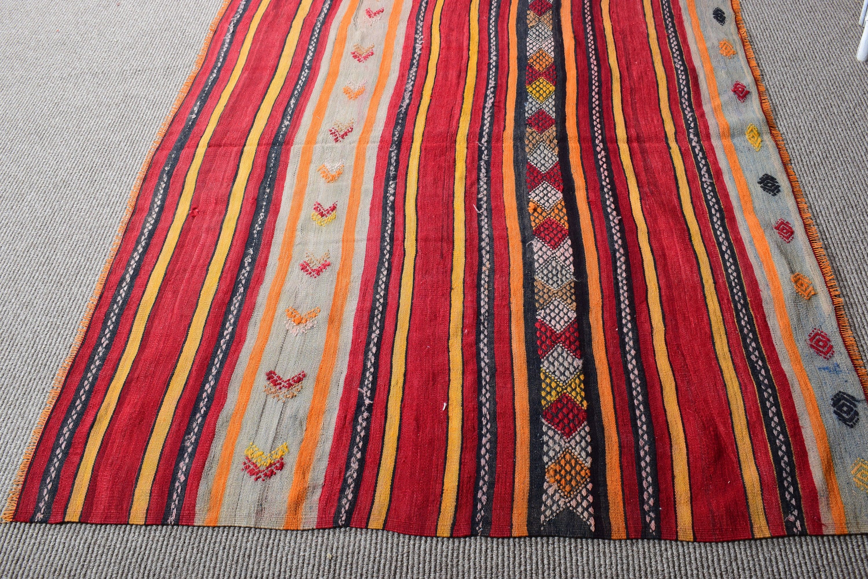 Düz Dokuma Halılar, Kırmızı Geometrik Halılar, Kilim, Yemek Odası Halıları, Vintage Halı, 4.4x6 ft Alan Halısı, Oturma Odası Halısı, Türk Halısı, Mutfak Halıları