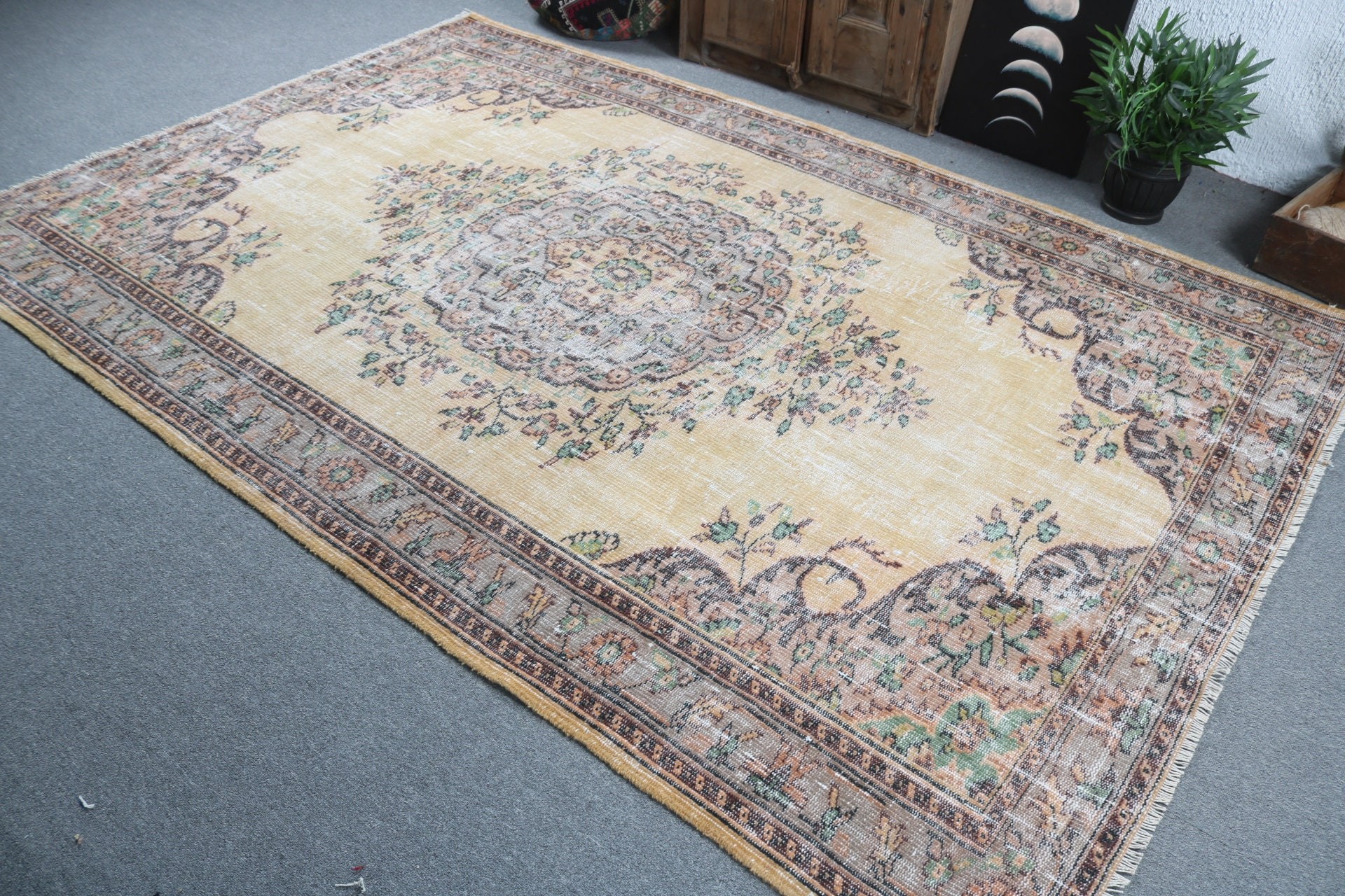 Türk Halısı, Vintage Halı, Boho Halıları, Ev Dekorasyonu Halıları, Büyük Vintage Halılar, Sarı Oryantal Halılar, Salon Halıları, 6.2x9.3 ft Büyük Halılar