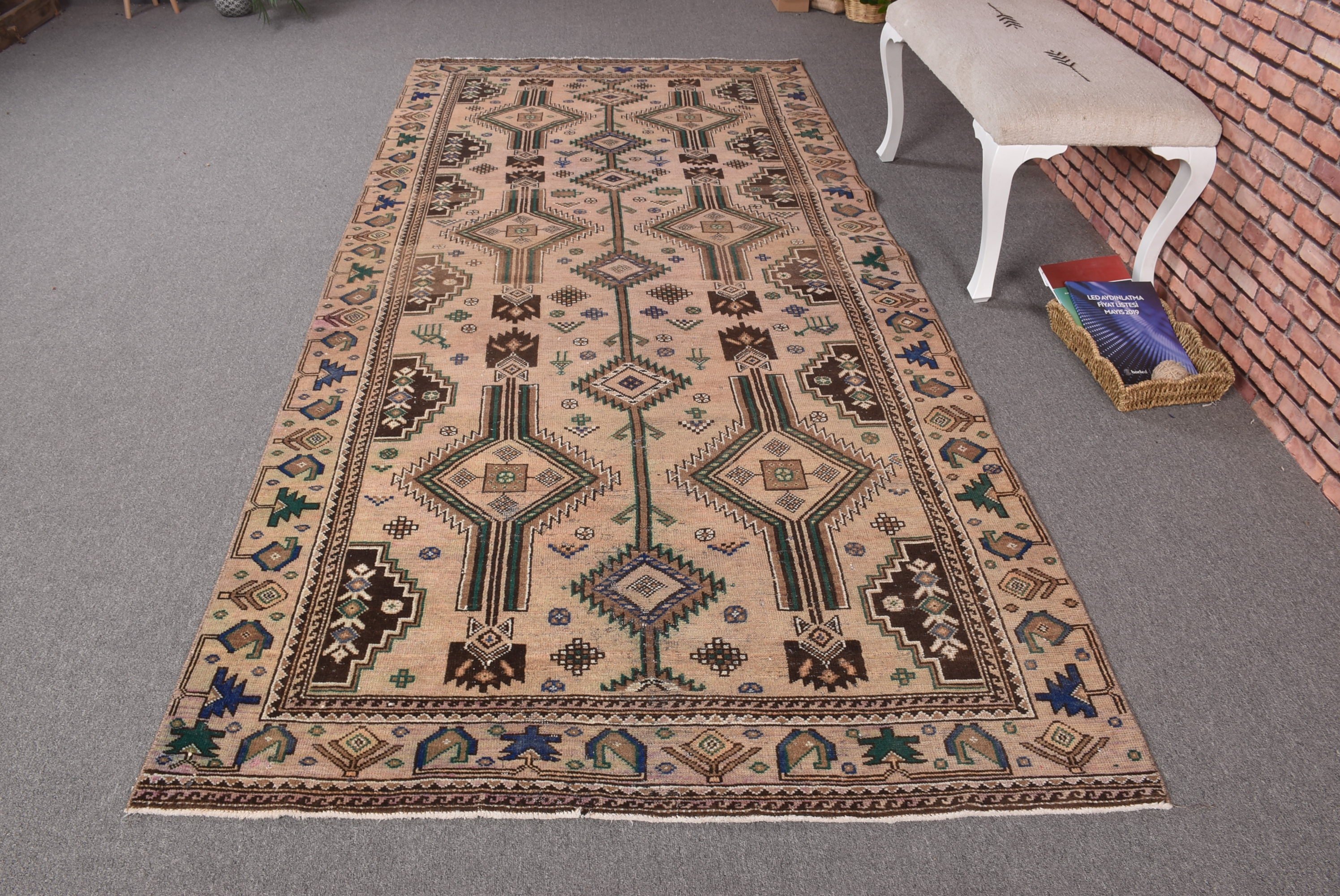 Türk Halıları, Bej Oryantal Halı, Nötr Halı, Açıklama Halısı, 4,6x10 ft Büyük Halılar, Vintage Halılar, Yemek Odası Halıları, Büyük Boho Halıları