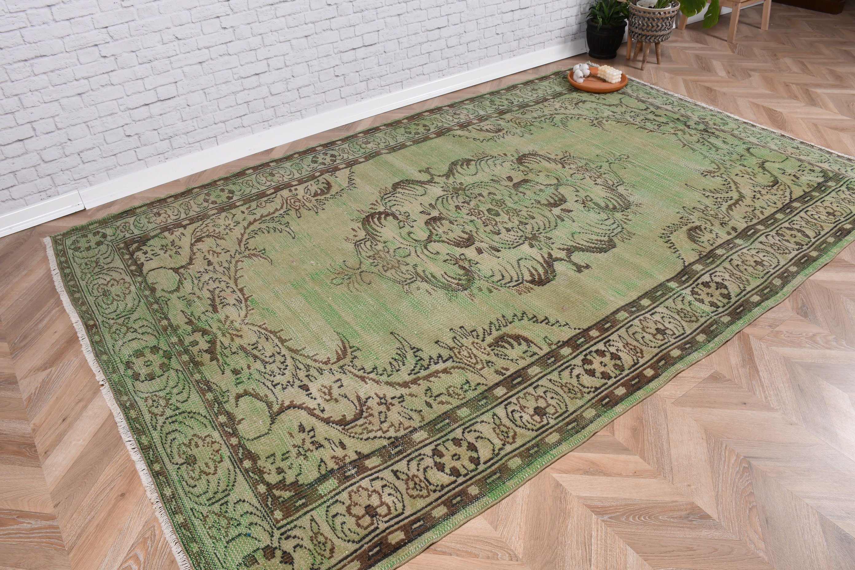 Vintage Halılar, Türk Halıları, Oturma Odası Halısı, Açıklama Halıları, 5.9x9.2 ft Büyük Halı, Yeşil Geometrik Halı, Yemek Odası Halıları