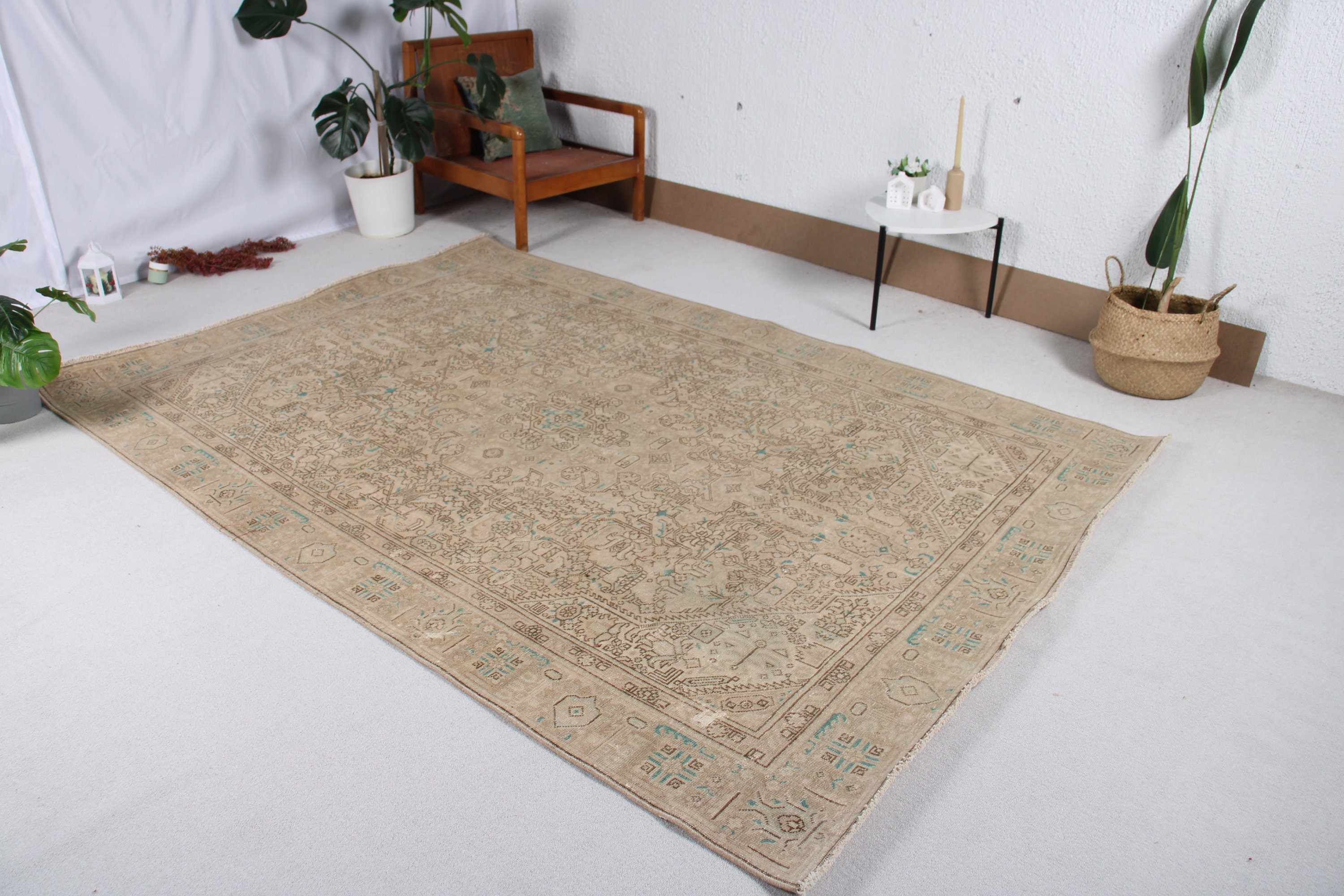 Oturma Odası Halısı, Açıklama Halısı, 6.2x8.9 ft Büyük Halı, Türk Halısı, Kahverengi Açıklama Halıları, Antika Halılar, Vintage Halılar, Yatak Odası Halıları