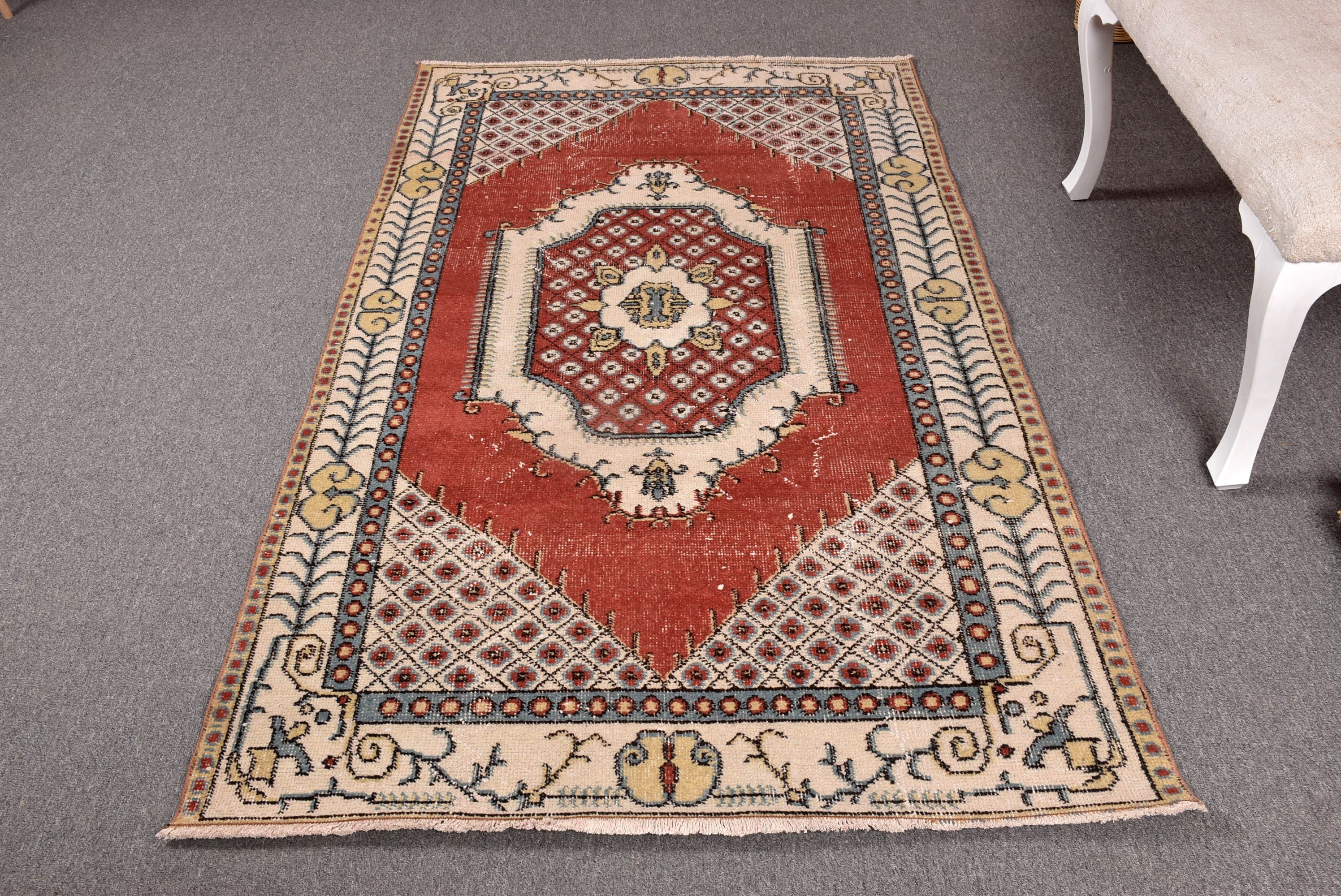 Vintage Rug, Red Kitchen Rugs, Bedroom Rugs, Turkish Rug, Rugs for Boho Area, 3.7x6.5 ft Area Rugs, Cool Rugs, Wool Rugs, Indoor Rugs