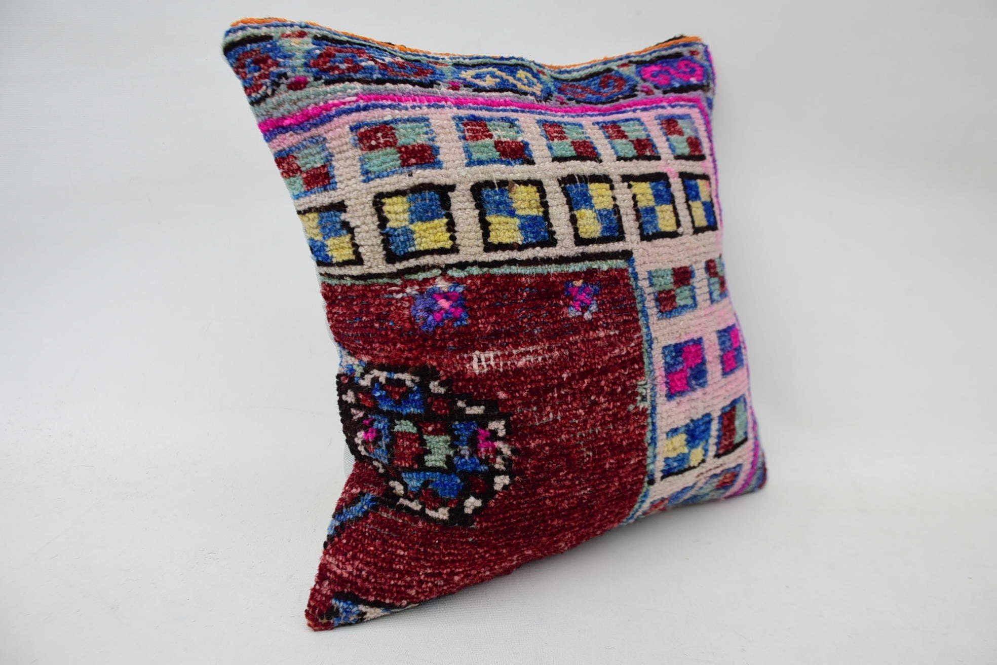 Crochet Pattern Pillow Case, Handmade Kilim Cushion, 14"x14" Red Cushion Case, Boho Pillow Sham Cover, Pillow for Couch