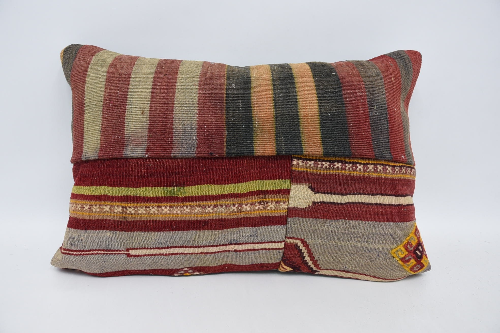 Ethnical Kilim Rug Pillow, 16"x24" Red Pillow Cover, Boho Pillow, Turkish Corner Cushion, Pillow for Couch, Knitted Pillow Cover