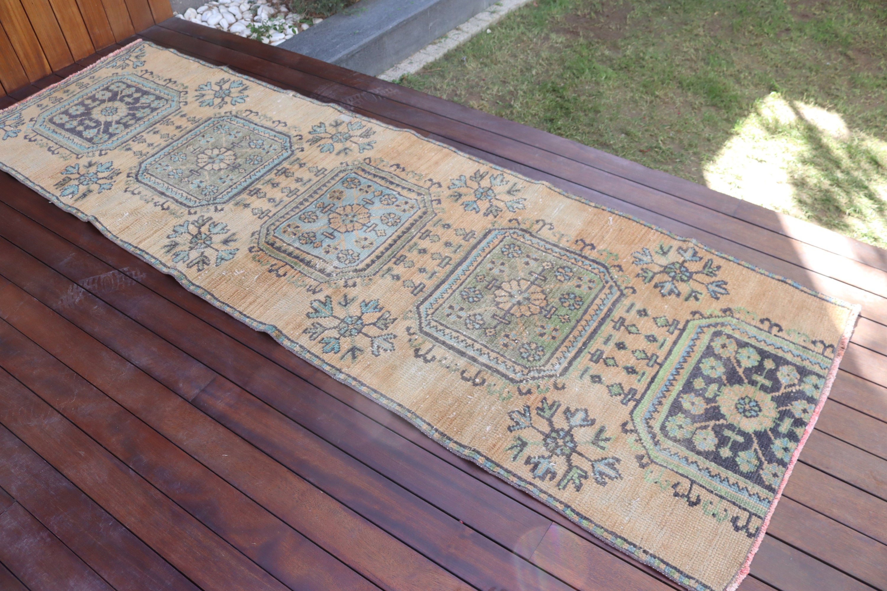 Vintage Halı, Türk Halıları, Sarı Geometrik Halılar, Mutfak Halısı, Ev Dekorasyonu Halıları, Uzun Koşucu Halıları, Yün Halı, 2.8x8.7 ft Runner Halıları