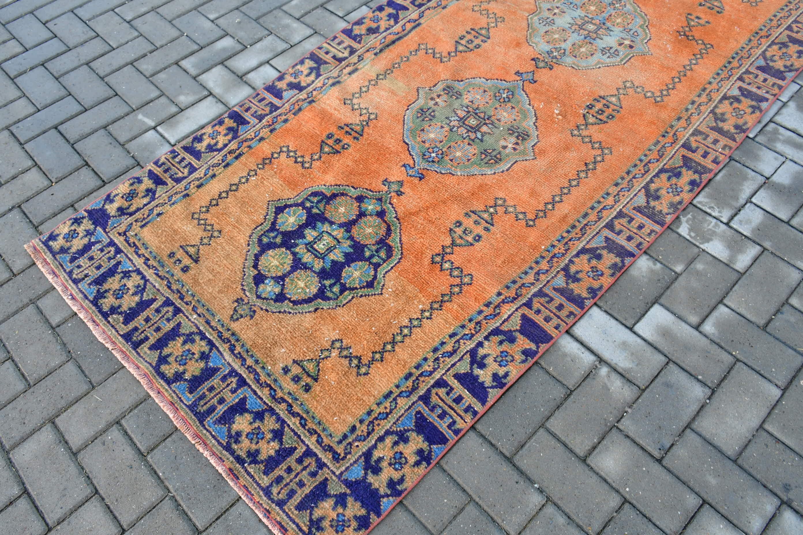 Wool Rug, 3.6x10.8 ft Runner Rugs, Rugs for Kitchen, Orange Home Decor Rug, Retro Rug, Anatolian Rug, Vintage Rug, Kitchen Rug, Turkish Rug