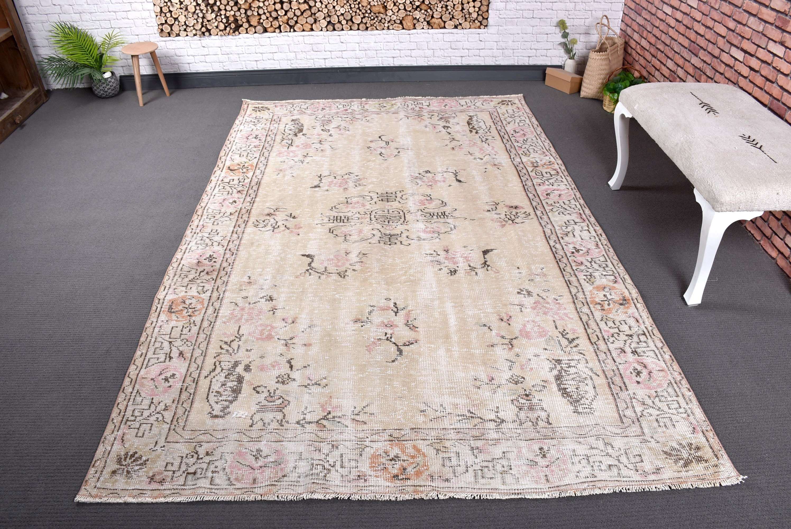 Modern Halı, Vintage Halı, 5.5x8.6 ft Büyük Halı, Bej Boho Halı, Yemek Odası Halıları, Türk Halısı, Antika Halılar, Açıklama Halısı, Salon Halısı