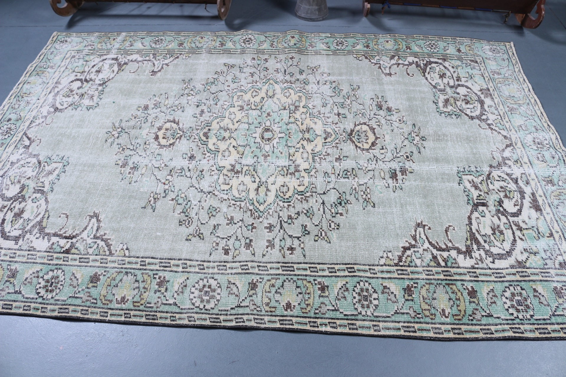 Oturma Odası Halısı, Salon Halısı, Yatak Odası Halıları, Yeşil Oushak Halısı, 5.8x8.4 ft Büyük Halılar, Türk Halısı, Vintage Halı, Oryantal Halı, Salon Halıları