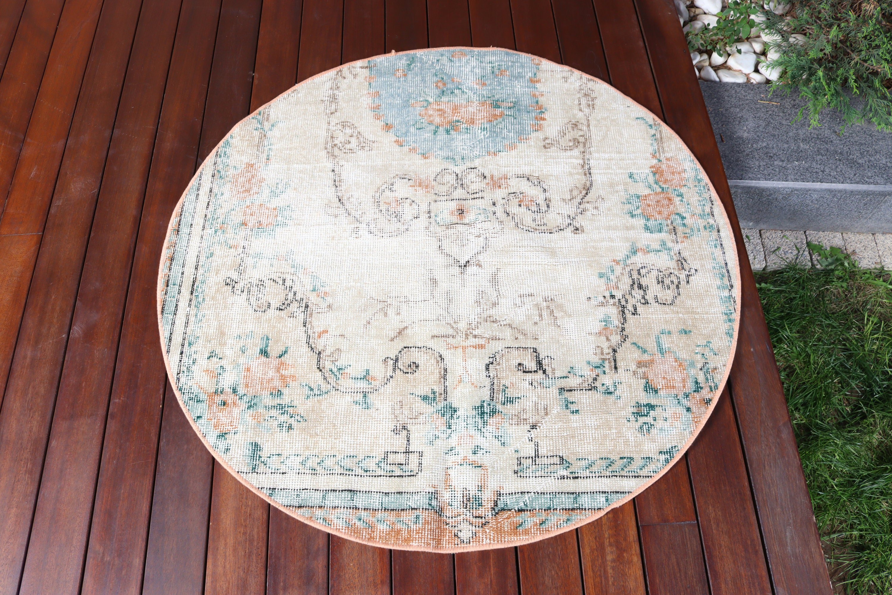 3.4x3.4 ft Küçük Halı, Türk Halısı, Yatak Odası Halıları, Mutfak Halıları, Bej Oushak Halıları, Yün Halı, Vintage Halı, Çocuk Halısı, Duvara Asılı Halı